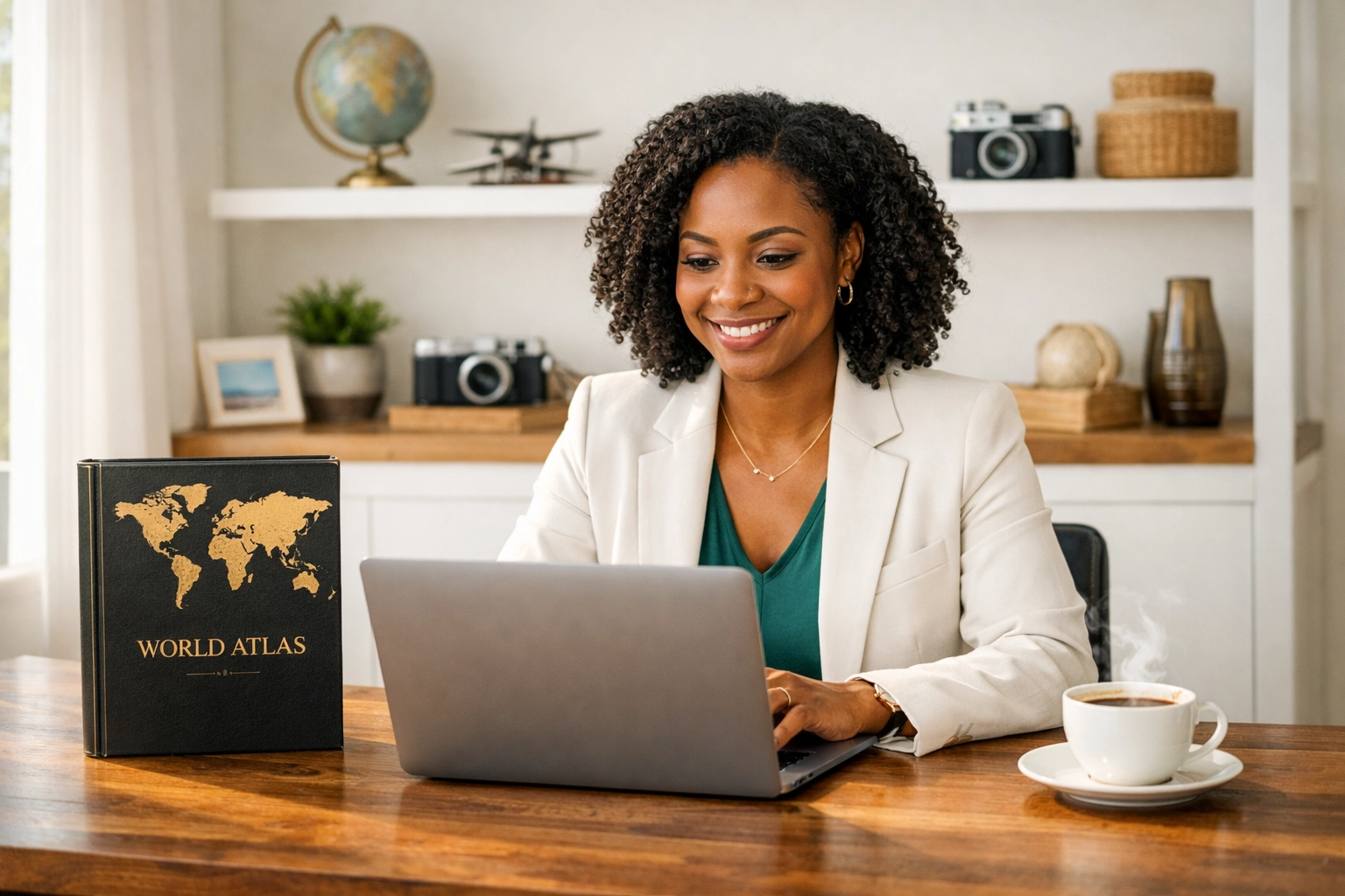 Professional Omaha travel agent working at a sun-drenched desk with a laptop and travel globe.