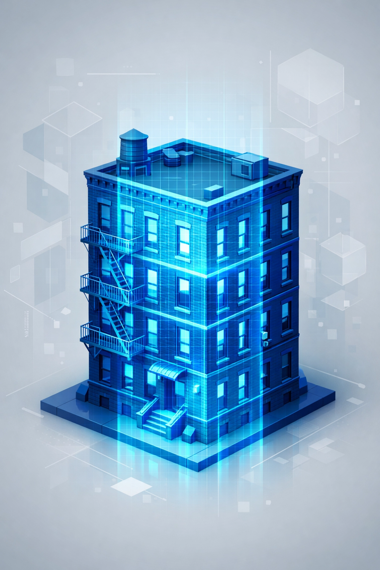 Digital illustration of a Bushwick multi-family building undergoing an HPD AEP compliance inspection.