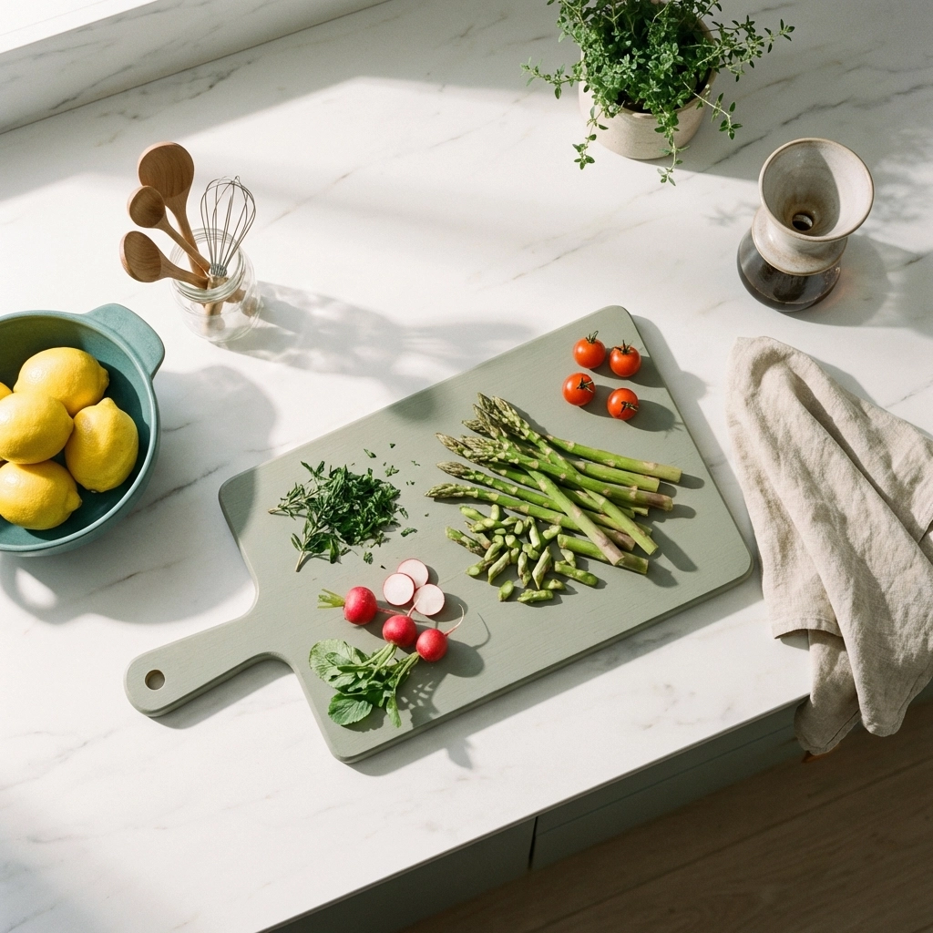 Organized kitchen counter with fresh vegetables, teal bowl, and simple utensils, illustrating minimalist meal prep habits.