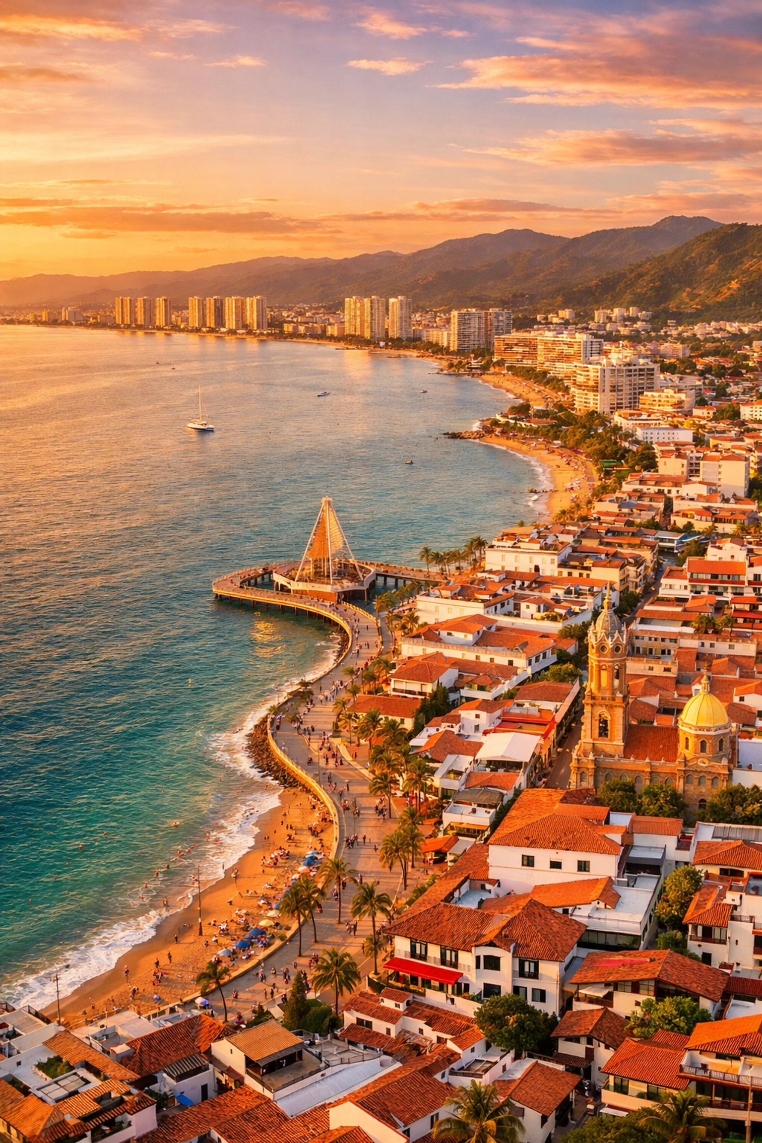 Aerial view of Puerto Vallarta coastline showing Old Town and Zona Romántica neighborhoods