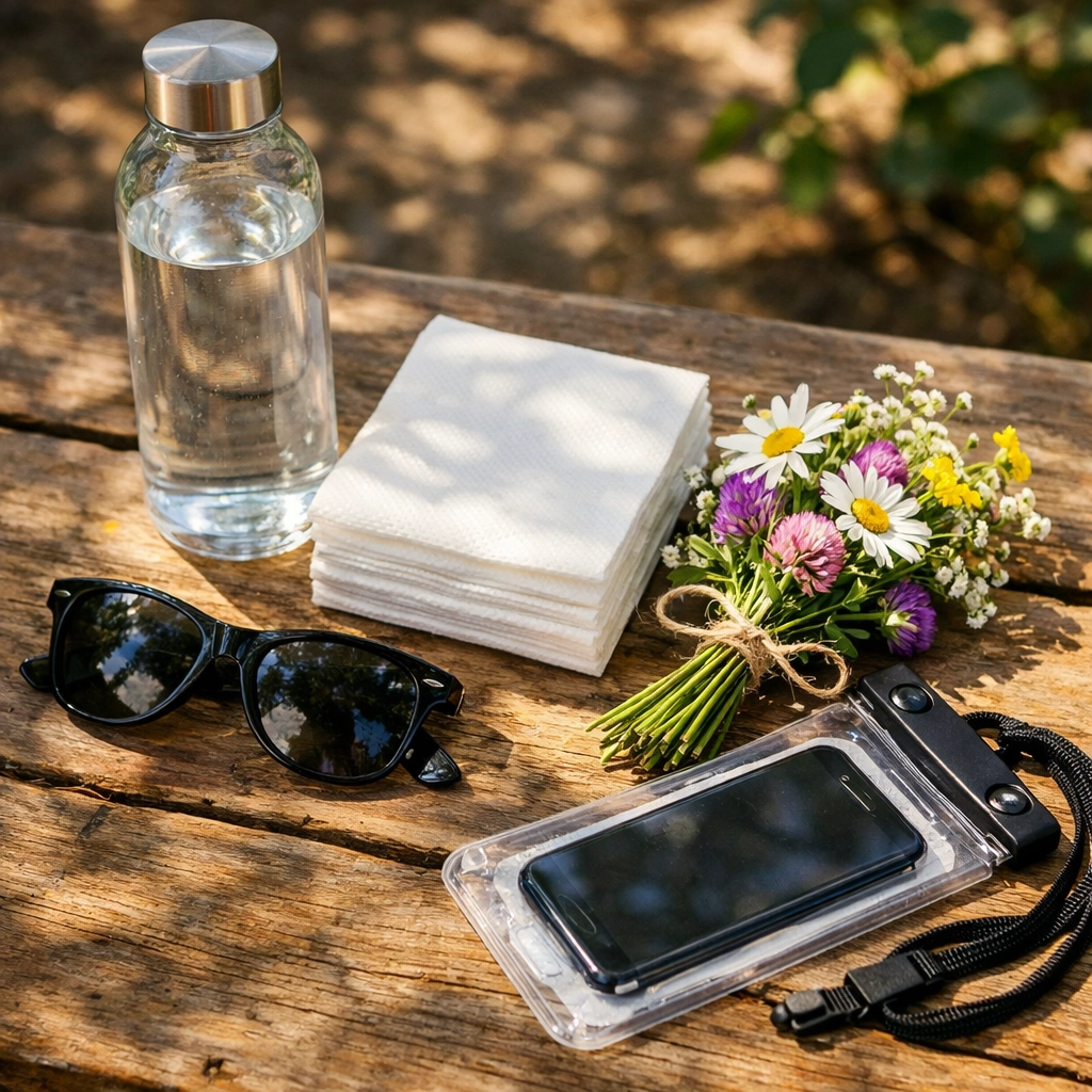 Essential supplies for ash scattering ceremony including water, flowers and protective items