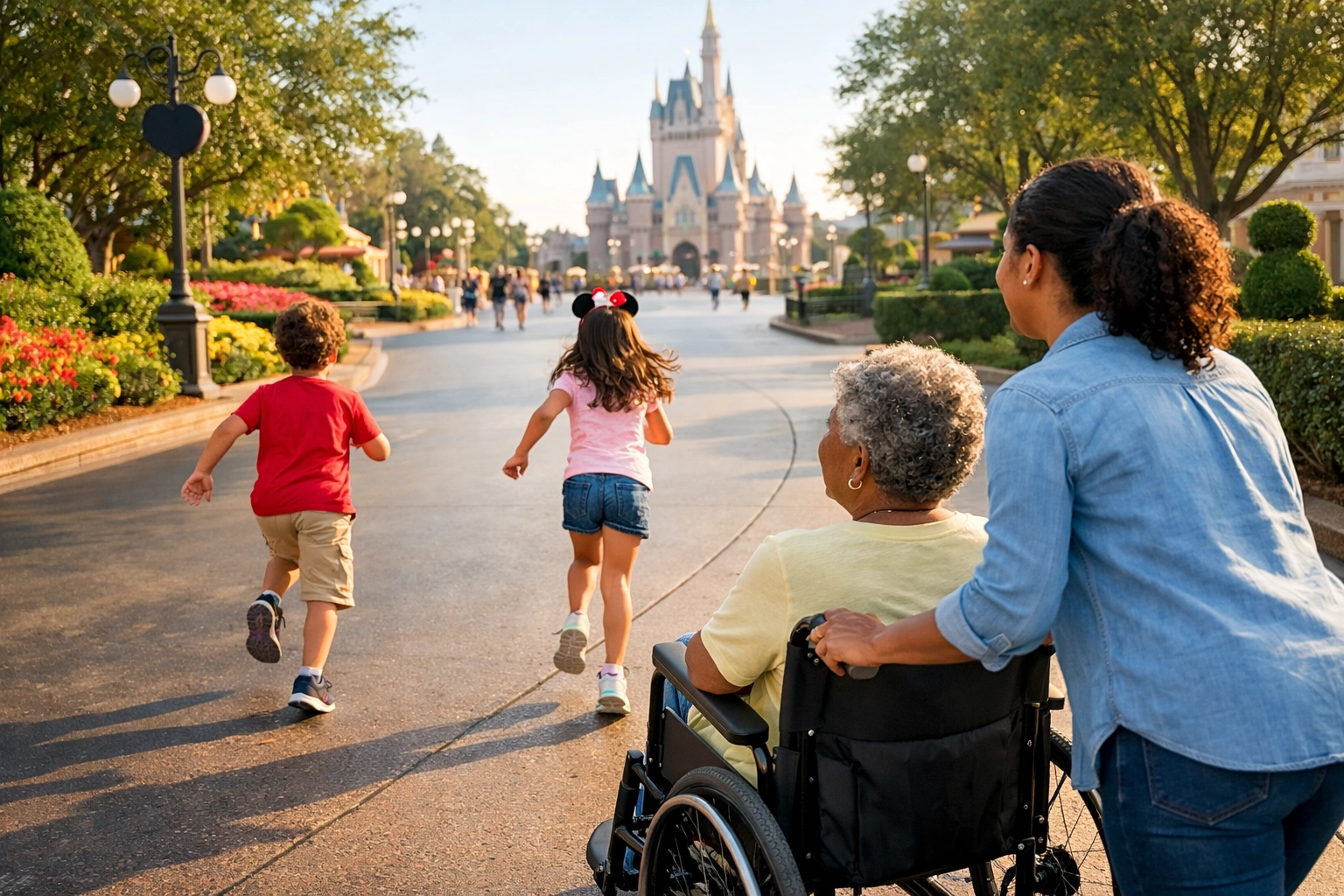 Multi-generational Disney family with grandmother in wheelchair exploring theme park
