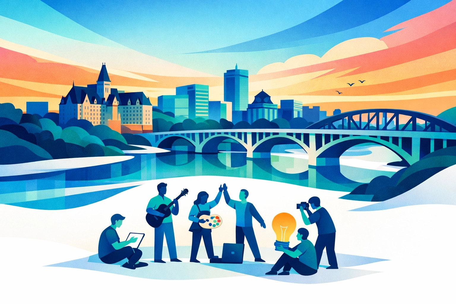 Saskatoon skyline featuring iconic bridges over South Saskatchewan River with local community