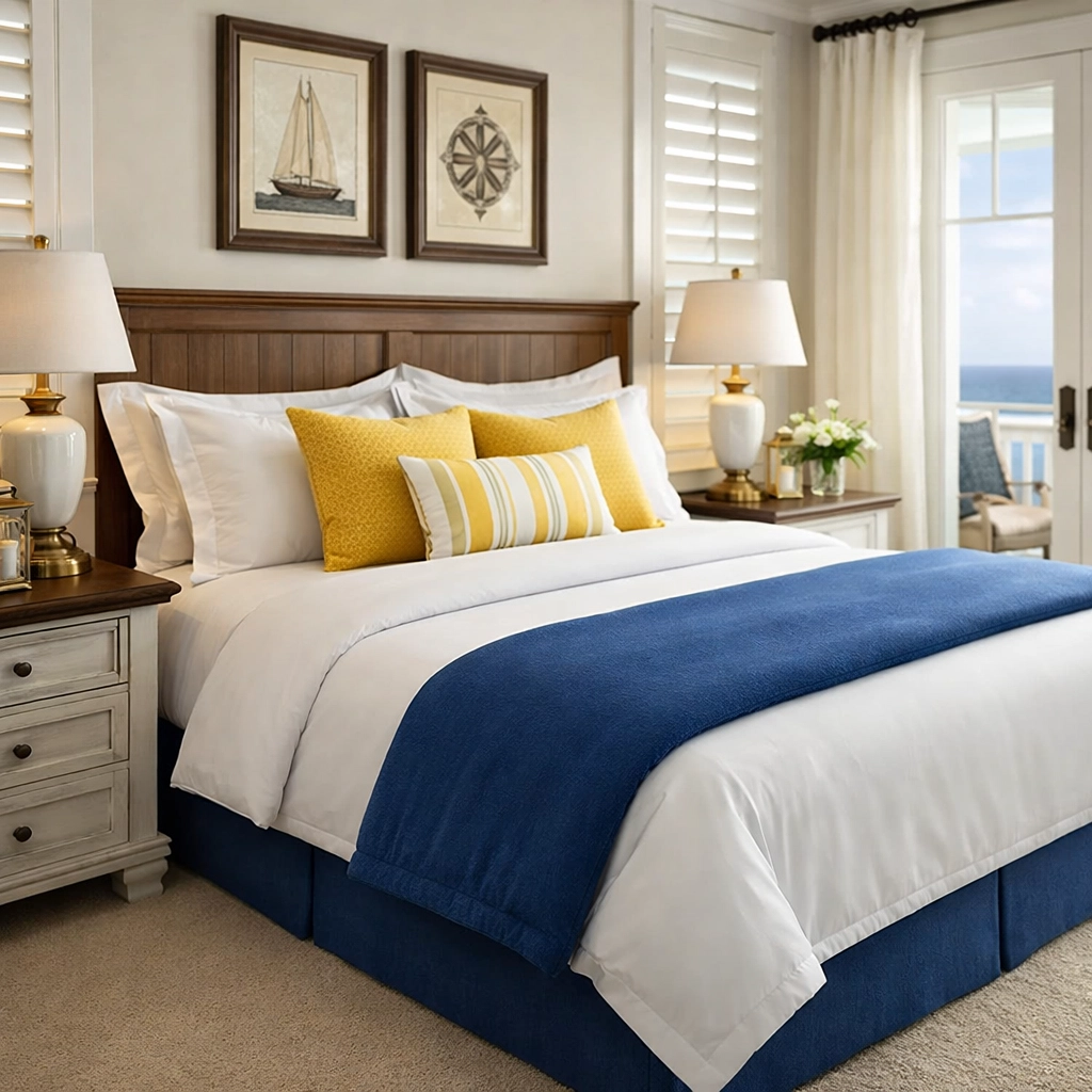 Perfectly made bed with crisp white linens in a luxury Yarmouth vacation rental after turnover service.