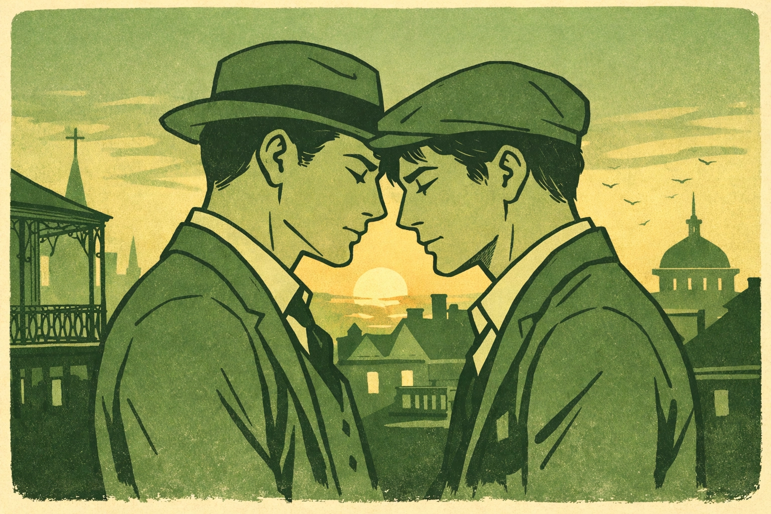 MM romance couple facing each other against New Orleans rooftops at sunset - forbidden love