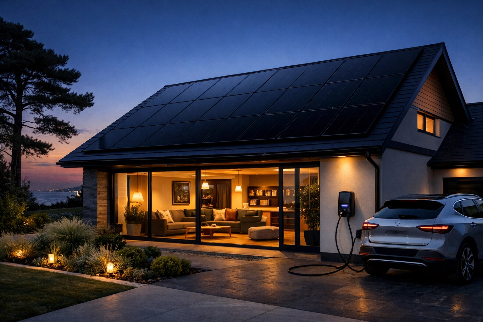Modern Bournemouth home featuring roof solar panels and an electric vehicle charging for energy independence.