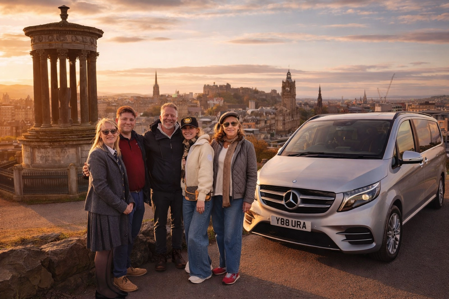 Dugald Stewart Monument Group Tour A group of six people stand together smiling at the Dugald Stewart Monument on Calton Hill in Edinburgh, with the historic city skyline in the background, representing a private custom tour experience in Scotland provided by Aura Journeys.