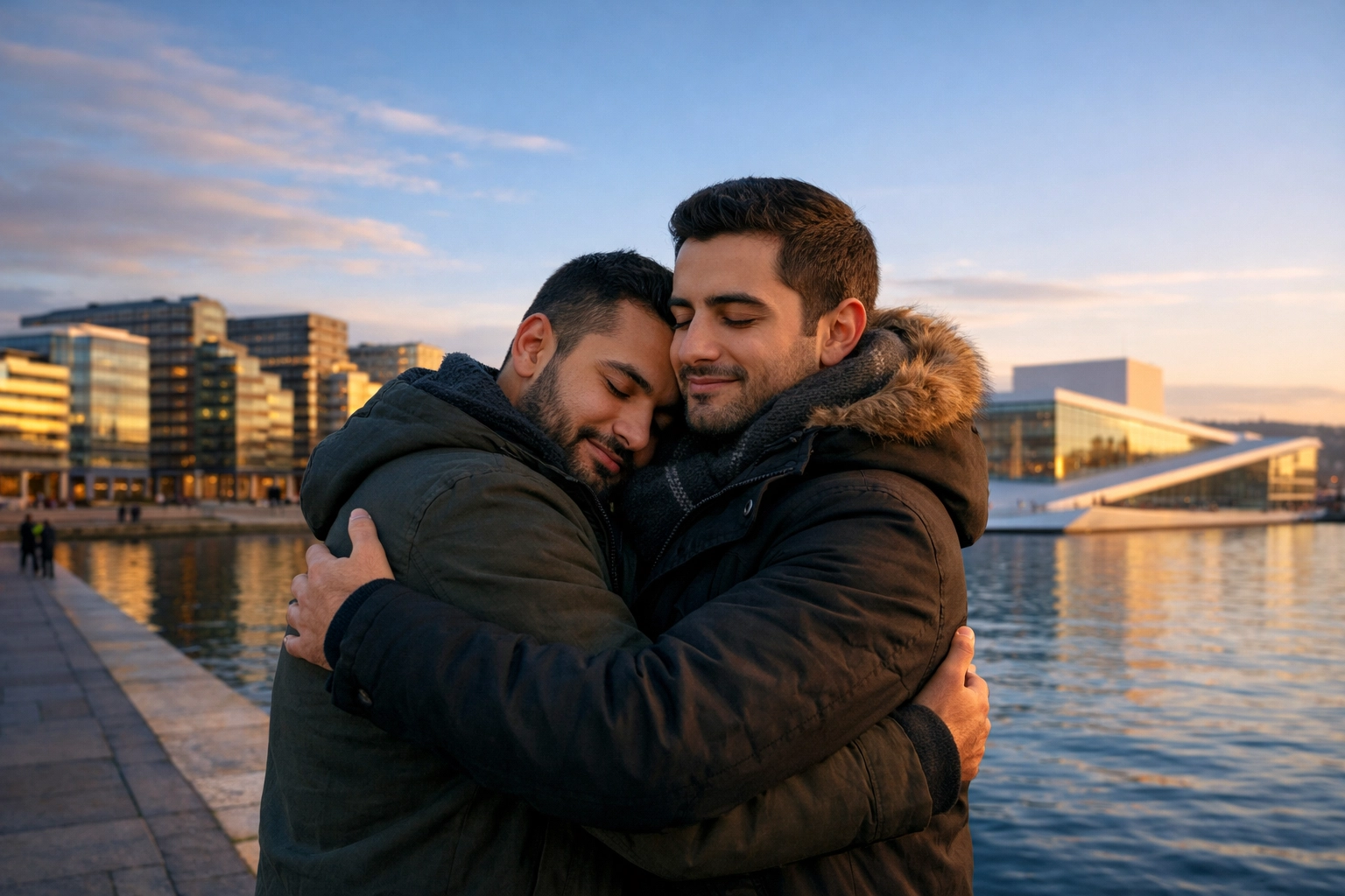 Gay couple finding safety and freedom in Oslo Norway after fleeing persecution