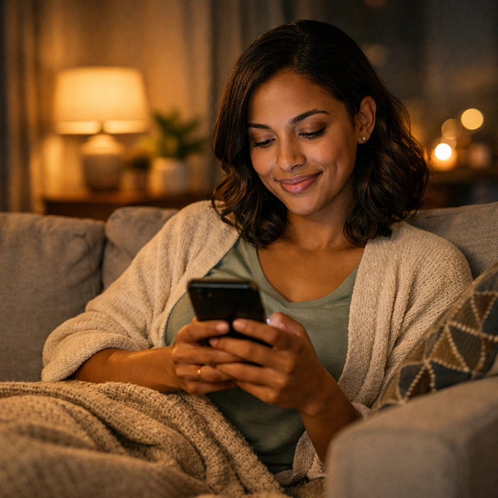 Woman using smartphone for private online doctor consultation at home