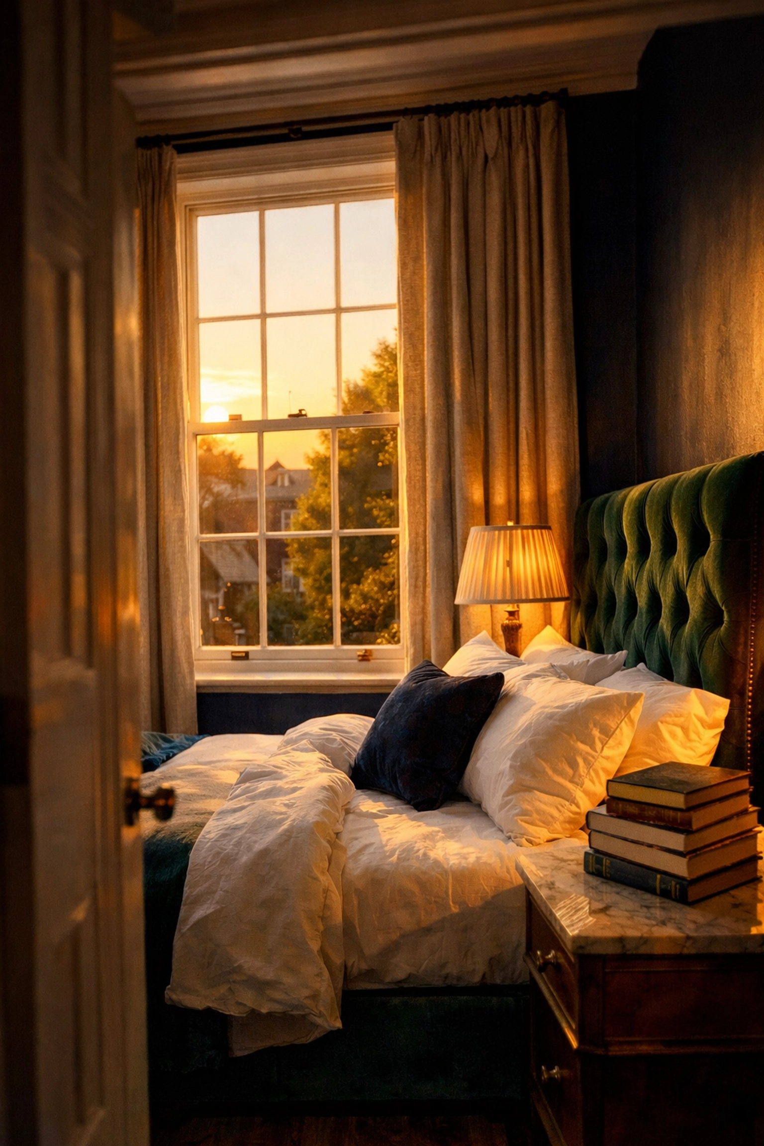Peaceful Chelsea bedroom with secondary glazing on sash windows for noise reduction
