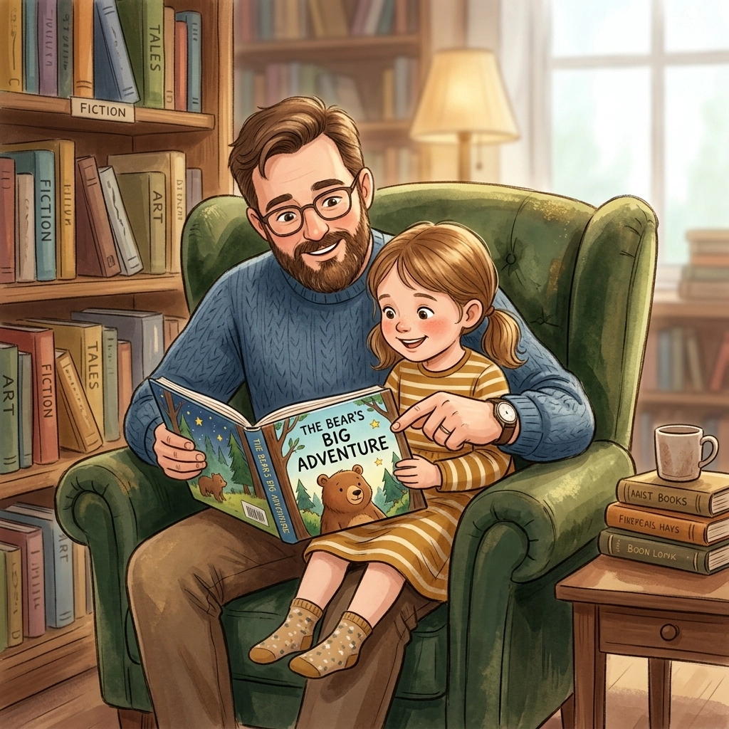 A father and daughter sitting together in a library armchair, reading a book together.