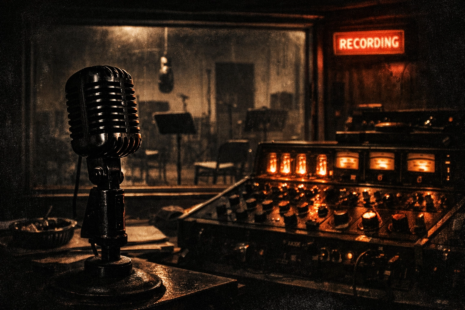 Vintage 1950s recording studio with a classic microphone, capturing the moody atmosphere of the early Sun Records era.