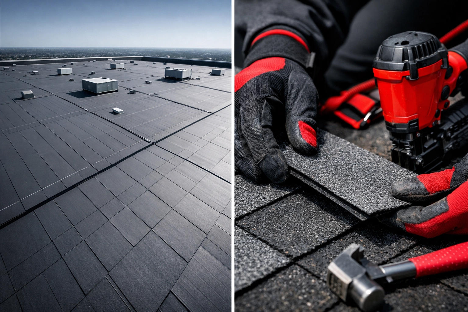 Split view showing large commercial flat roofing and precision residential shingle repair in Salisbury, MD.