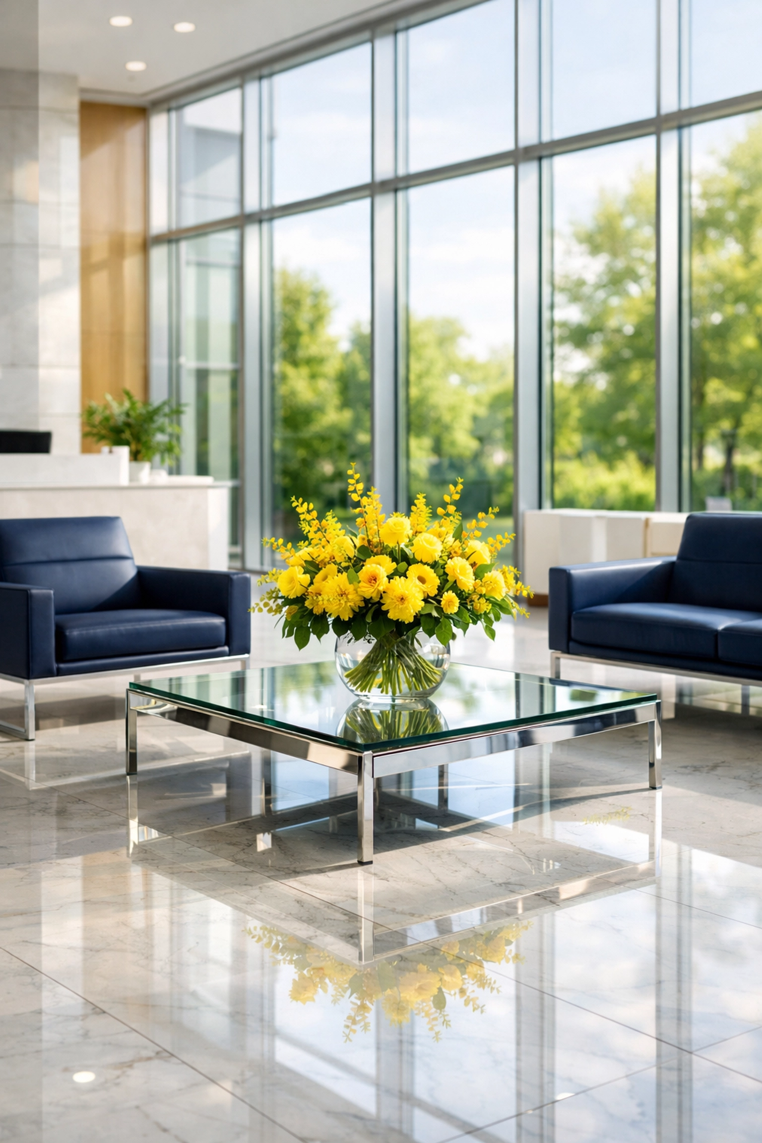 Spotless modern office lobby in Boxborough featuring polished marble floors after professional commercial cleaning.