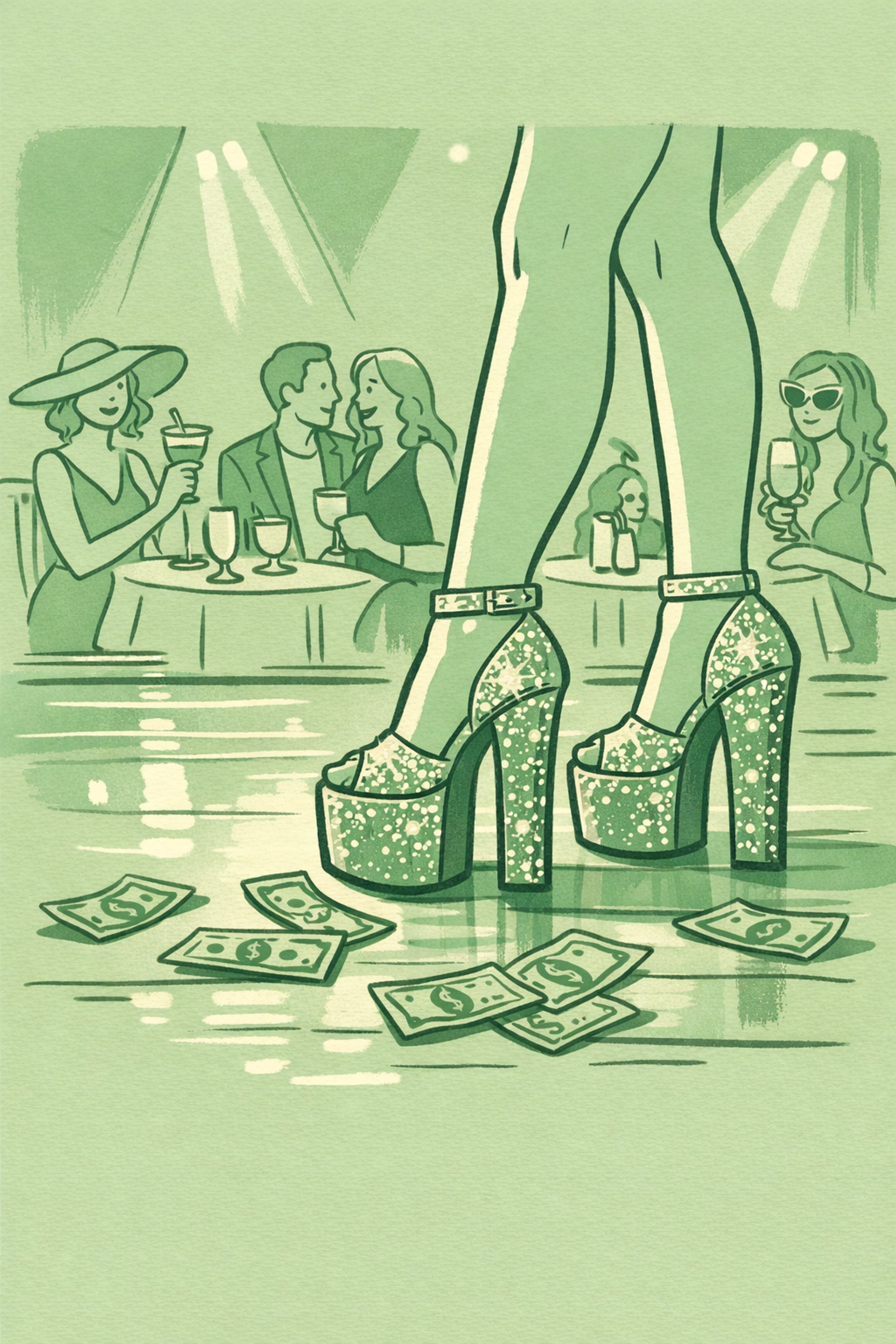 Drag queen's rhinestone platform heels on stage with dollar bill tips from brunch guests