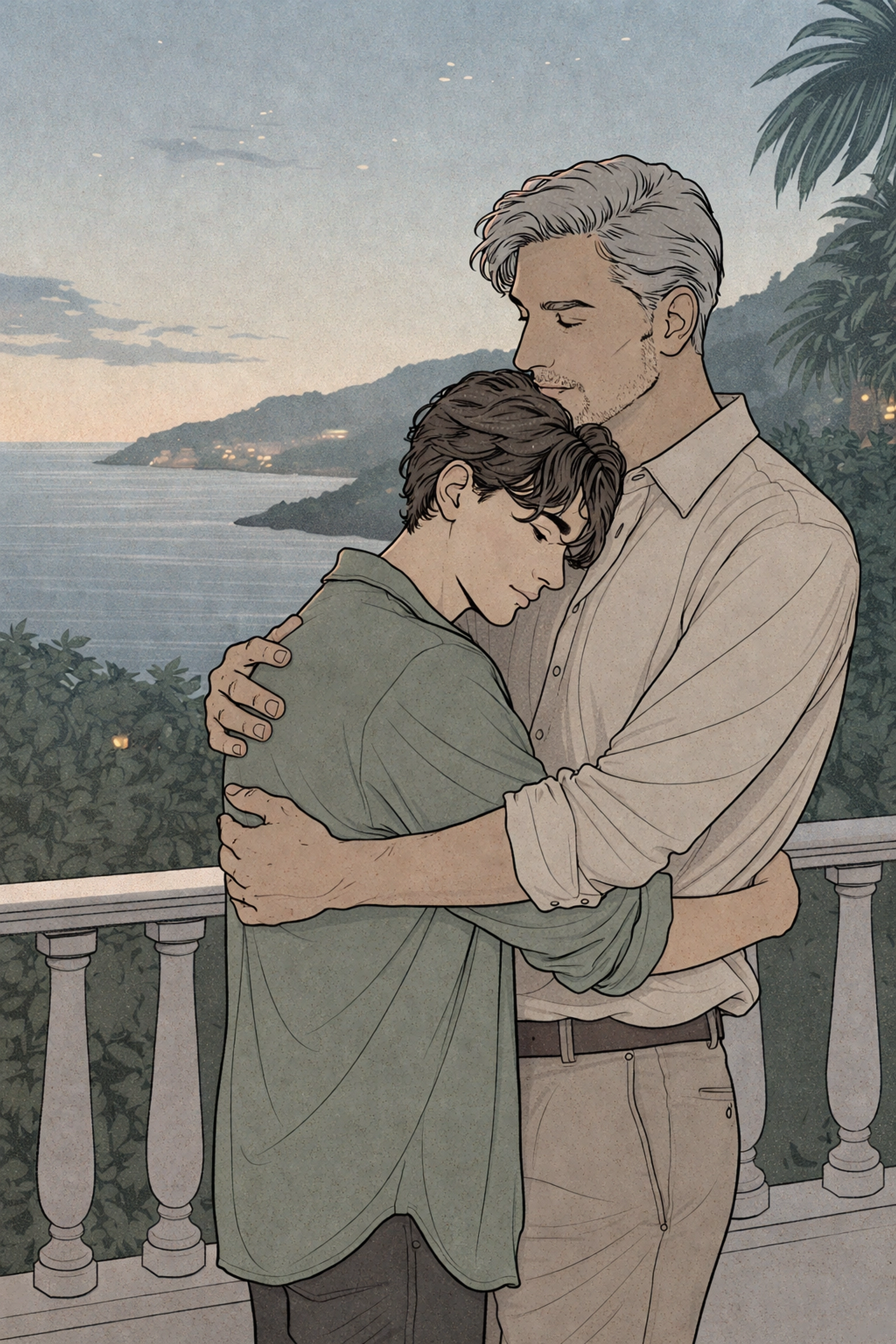 Two men embrace on a balcony at dusk overlooking the Mediterranean, capturing chosen family and healing LGBTQ+ love.
