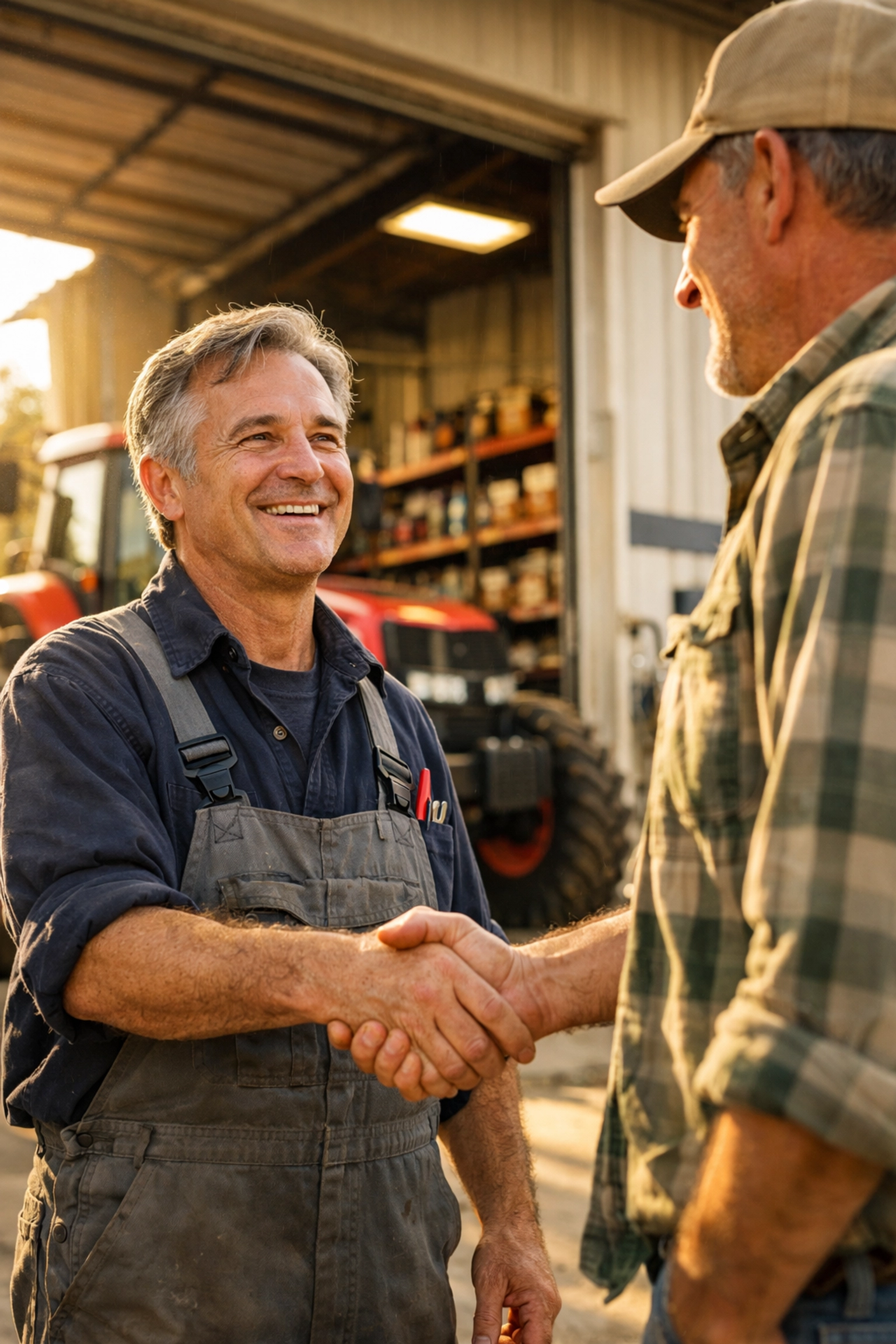 Family-owned tractor dealer mechanic greeting customer at service bay with tractor