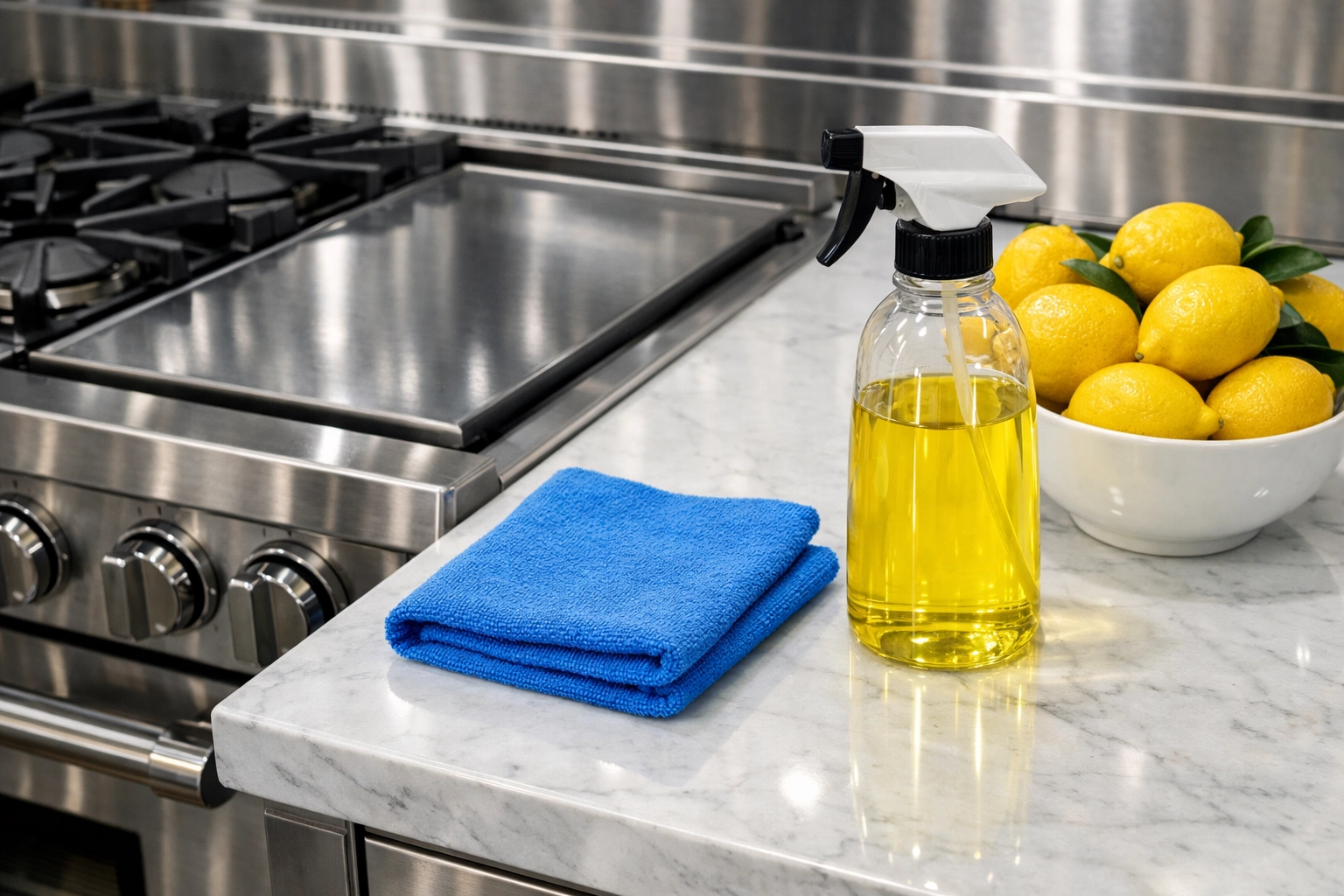 Gleaming stainless steel stovetop and marble counters after a deep cleaning Marlborough kitchen service.
