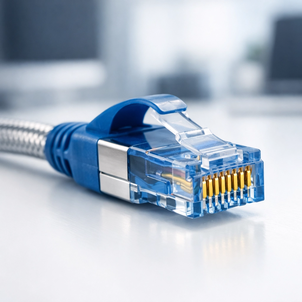 High-speed Cat6a Ethernet cable on a desk for professional structured cabling and faster business fibre.