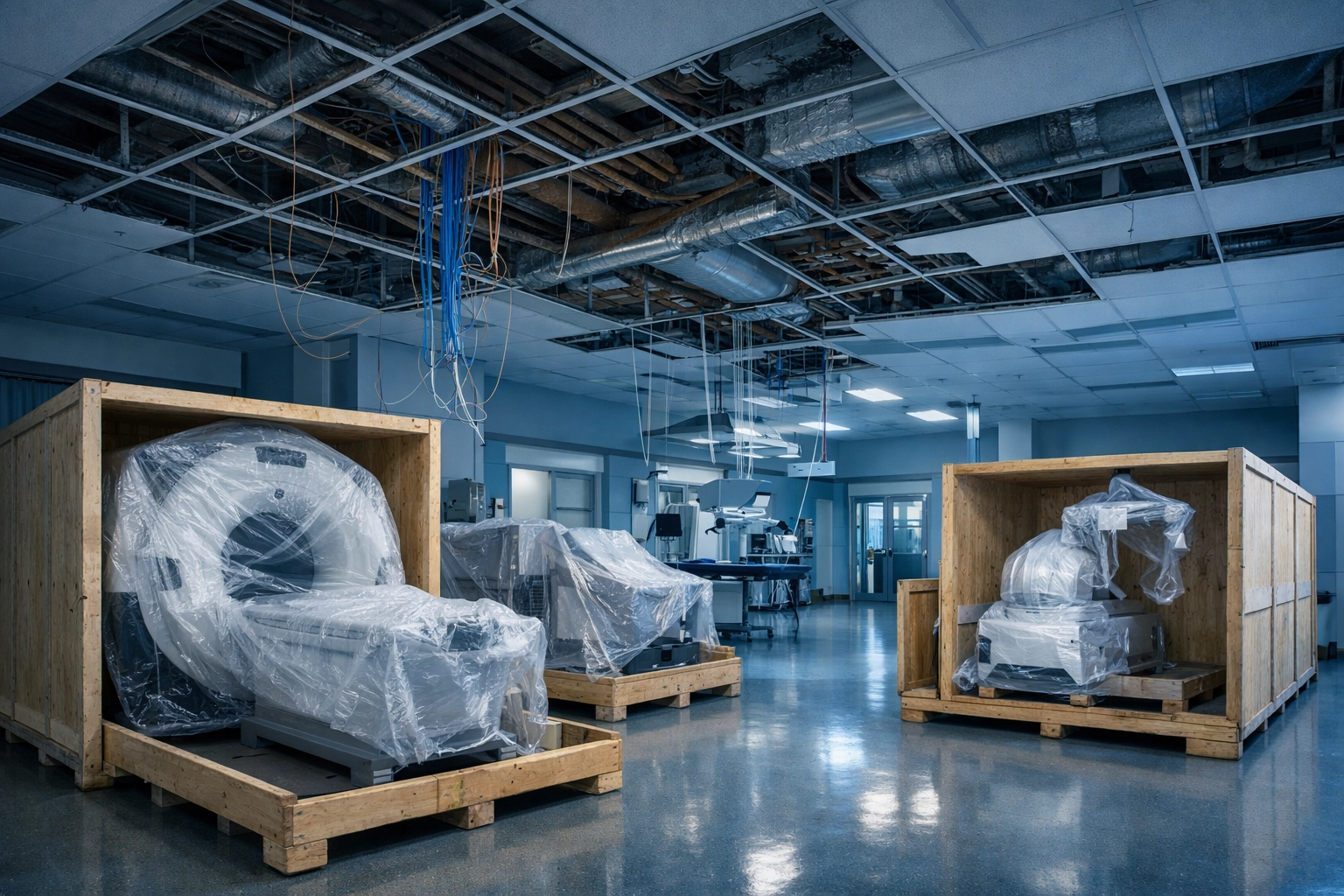 Renovation of a hospital wing illustrating technical debt and stalled medical tech integration.