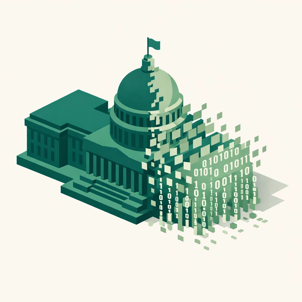 Government building silhouette transitioning into digital data streams to represent AI-ready structured data.