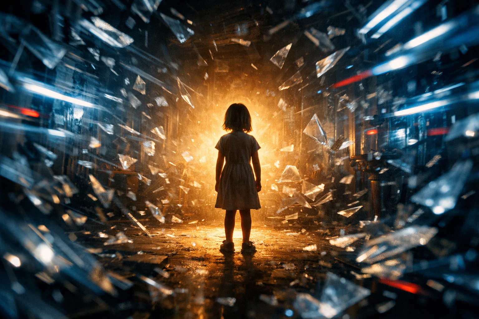 A girl remains grounded in a warm glow while surrounded by sensory overload and chaotic static.