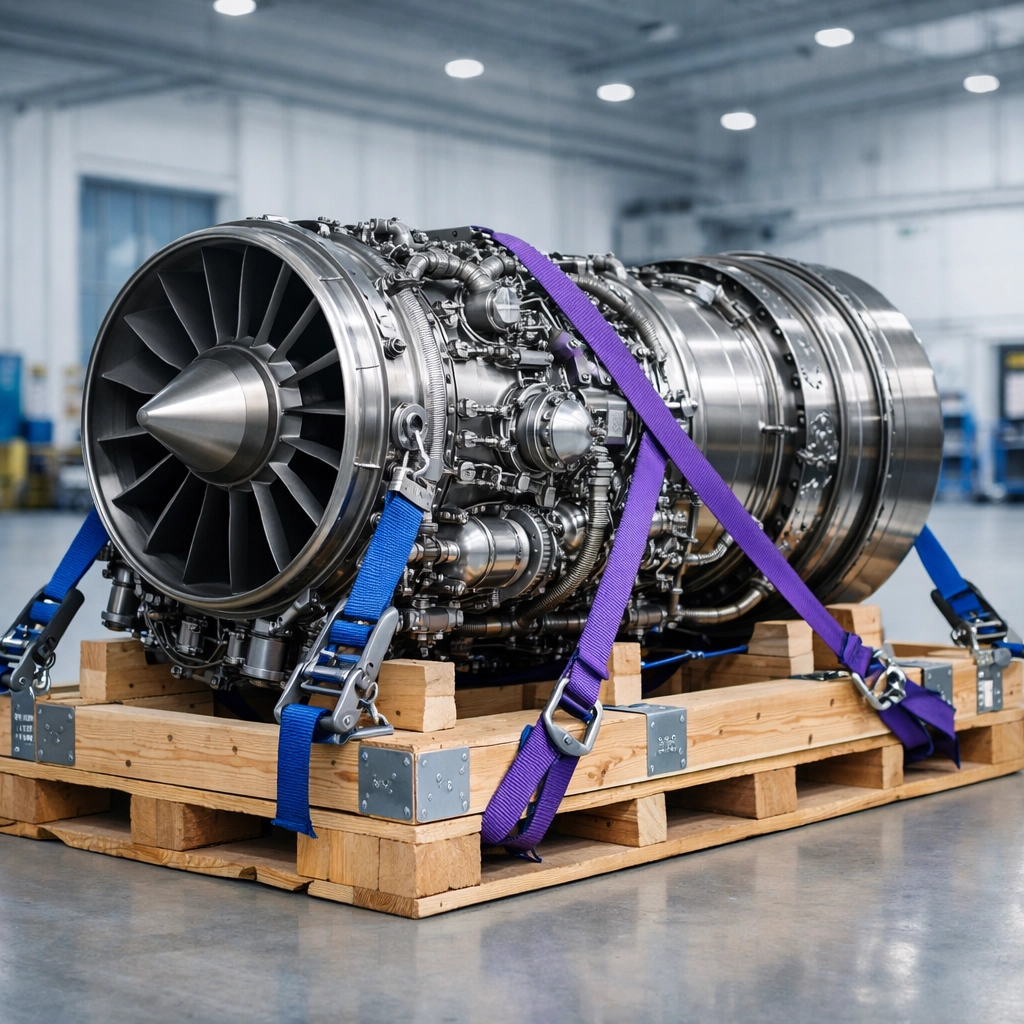 Secure industrial equipment transport using custom packing and heavy-duty straps for reliable international freight.