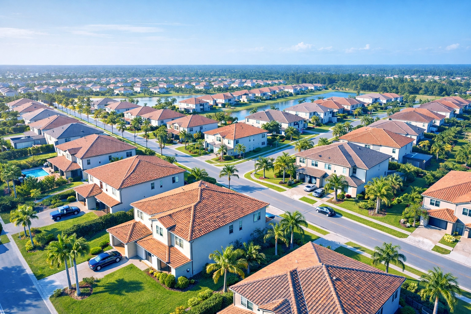 Aerial view of new homes in Lehigh Acres Florida showing spacious family-friendly neighborhoods