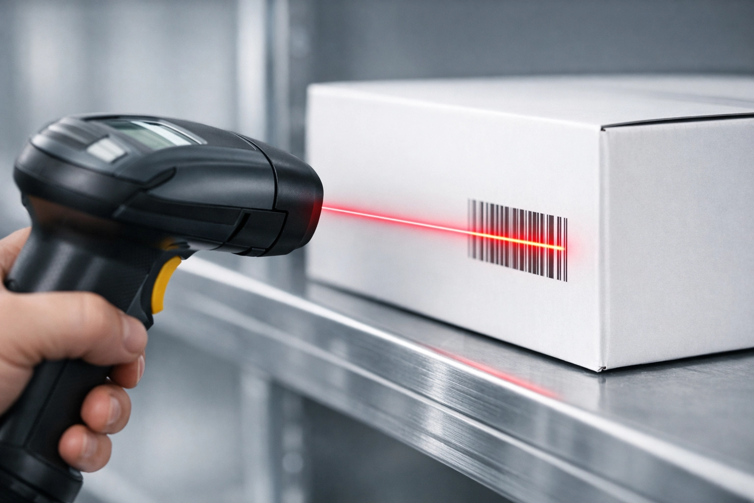 Handheld barcode scanner tracking inventory accuracy in a professional warehouse and fulfilment center.