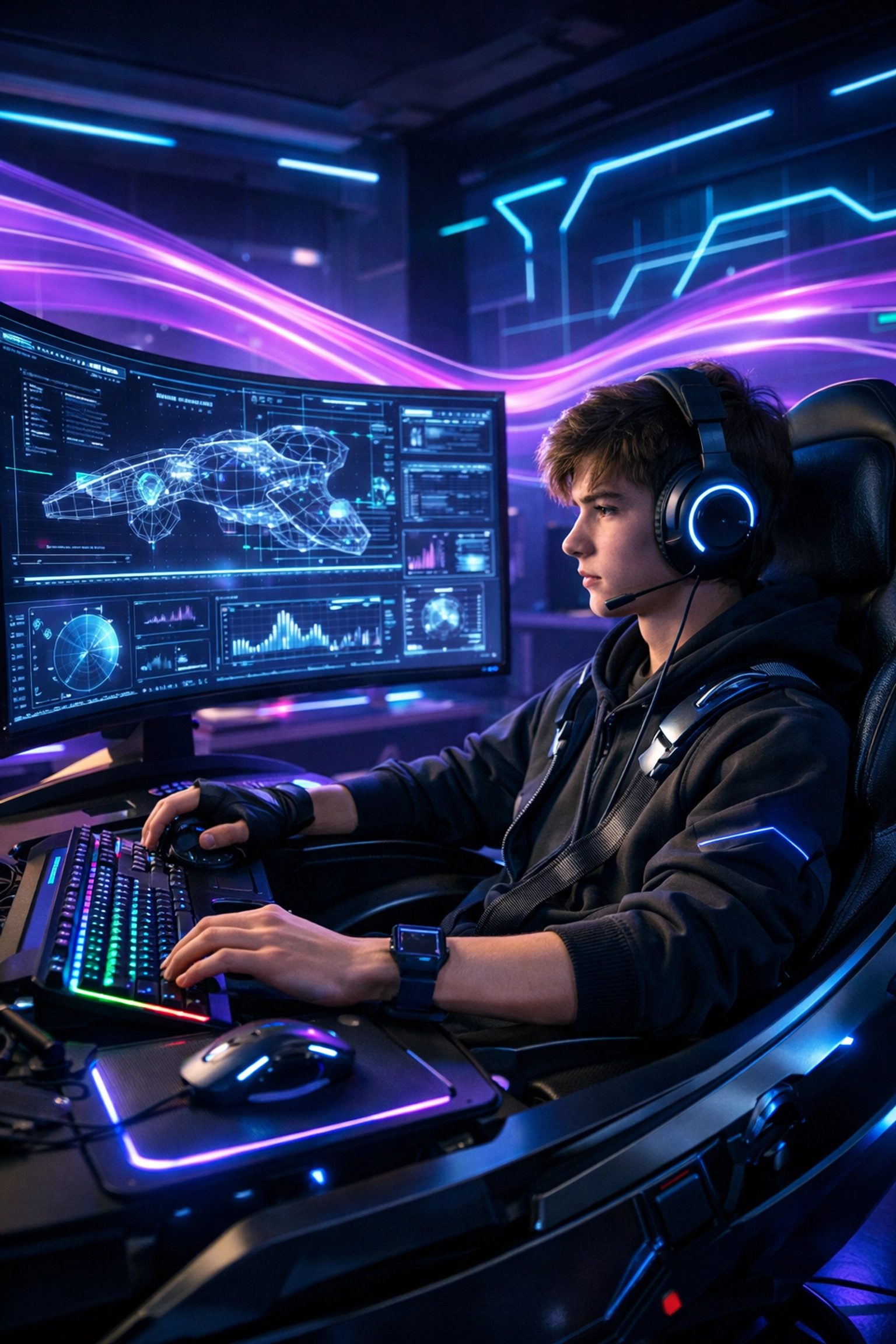 Student using an EsportsPod simulation station for high school workforce development and career-ready skills.