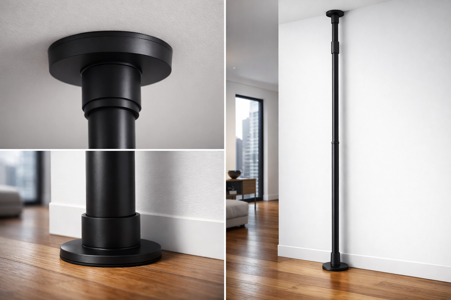 Matte black Resistance Rail installed in an apartment as a no wall damage workout system for home calisthenics.