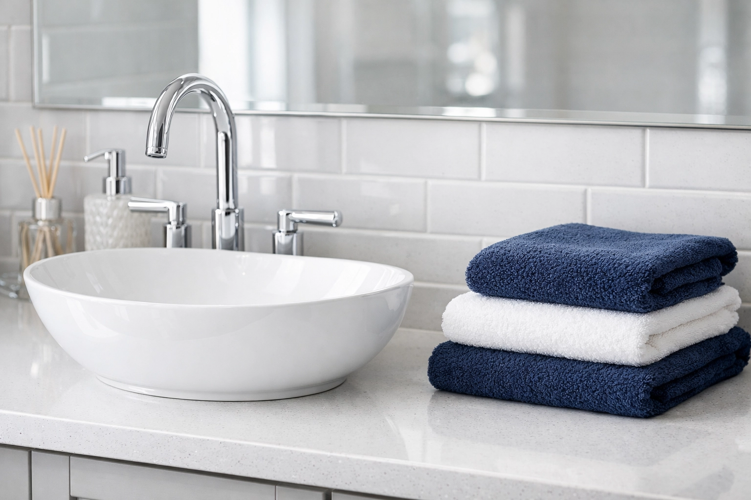 Sparkling clean bathroom vanity with quartz countertops from residential cleaning in Leominster MA.