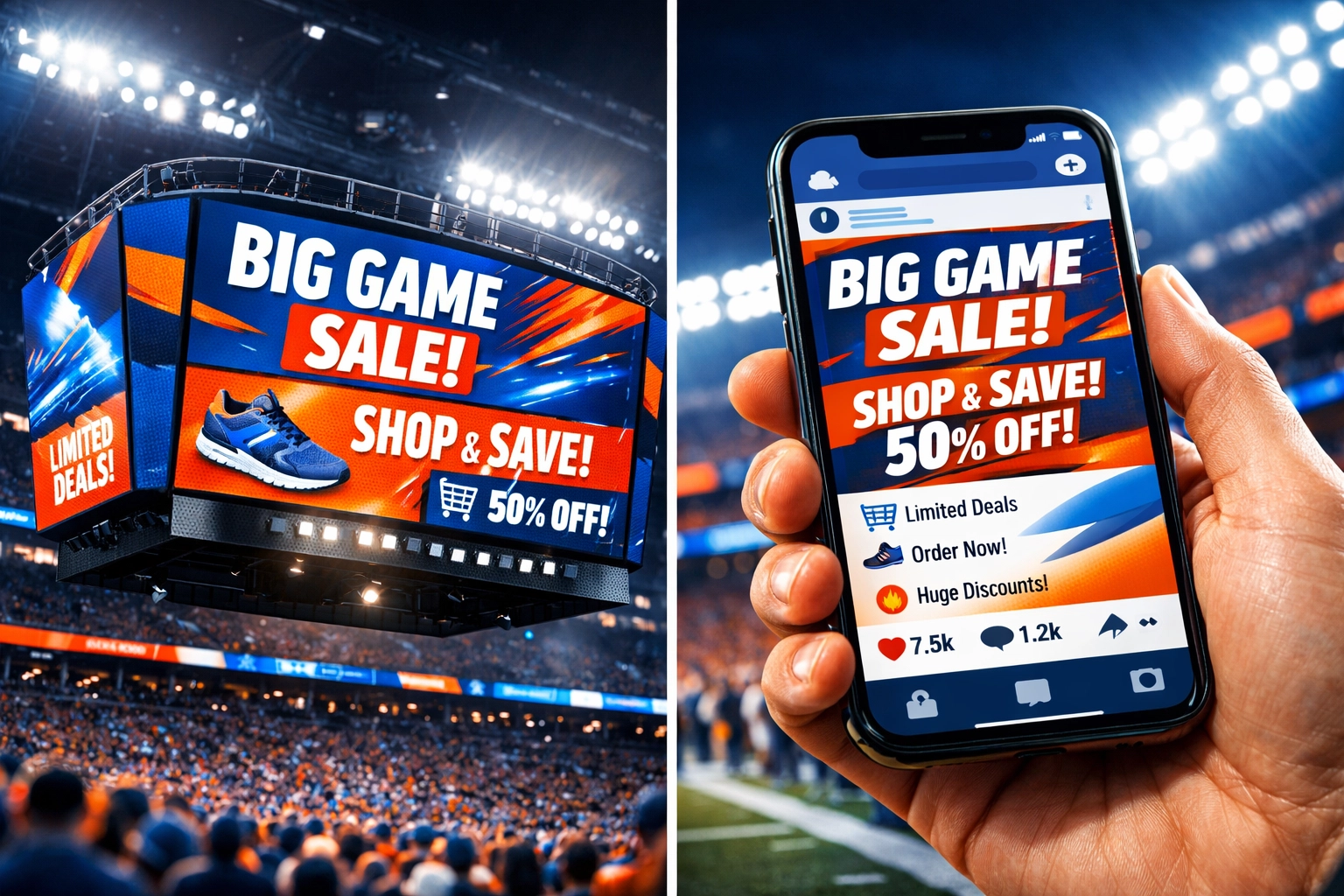 Stadium jumbotron and mobile phone showing coordinated multi-channel advertising campaign