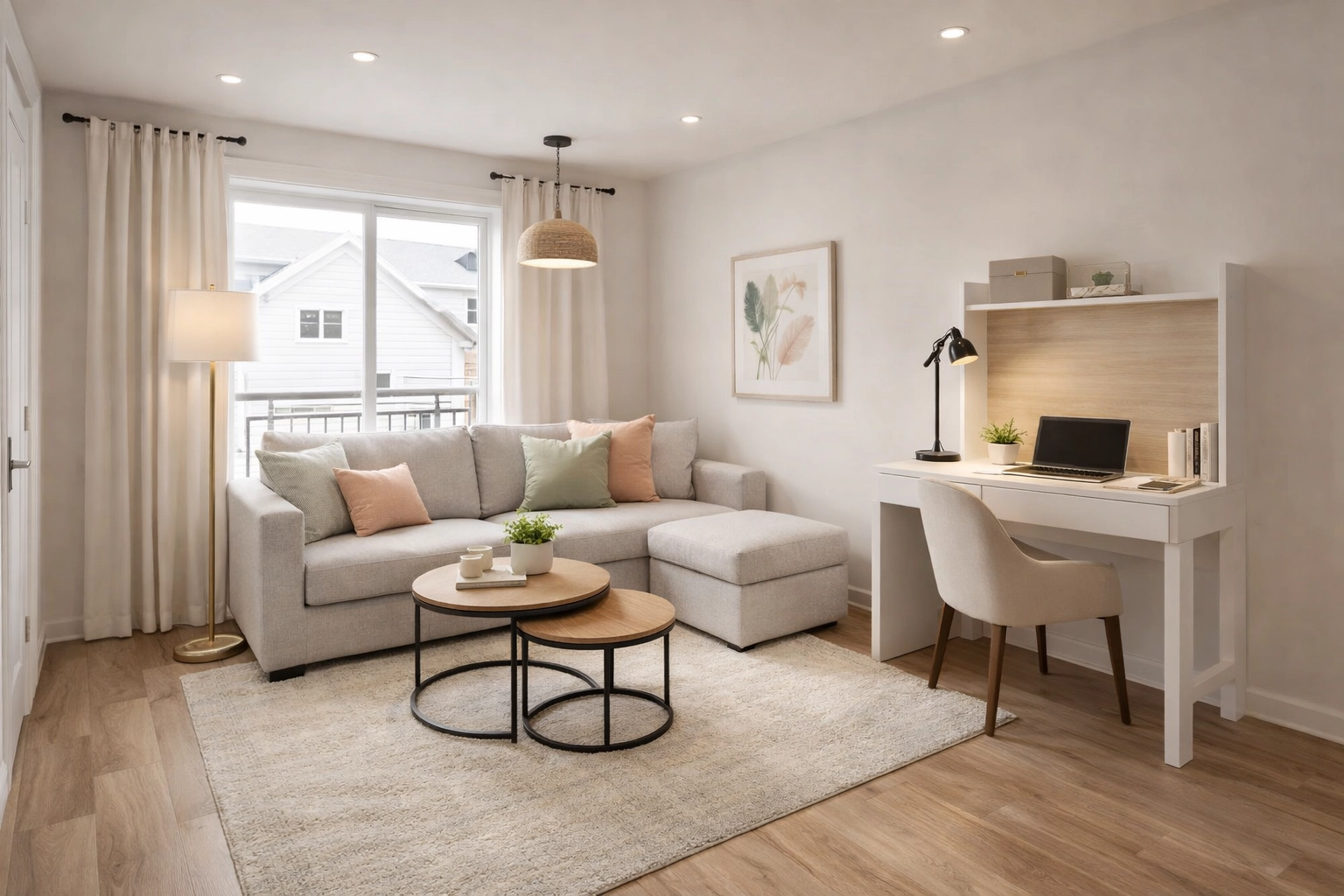 Chic multifunctional small-space living area in a modern Northern Virginia home with desk nook and smart storage