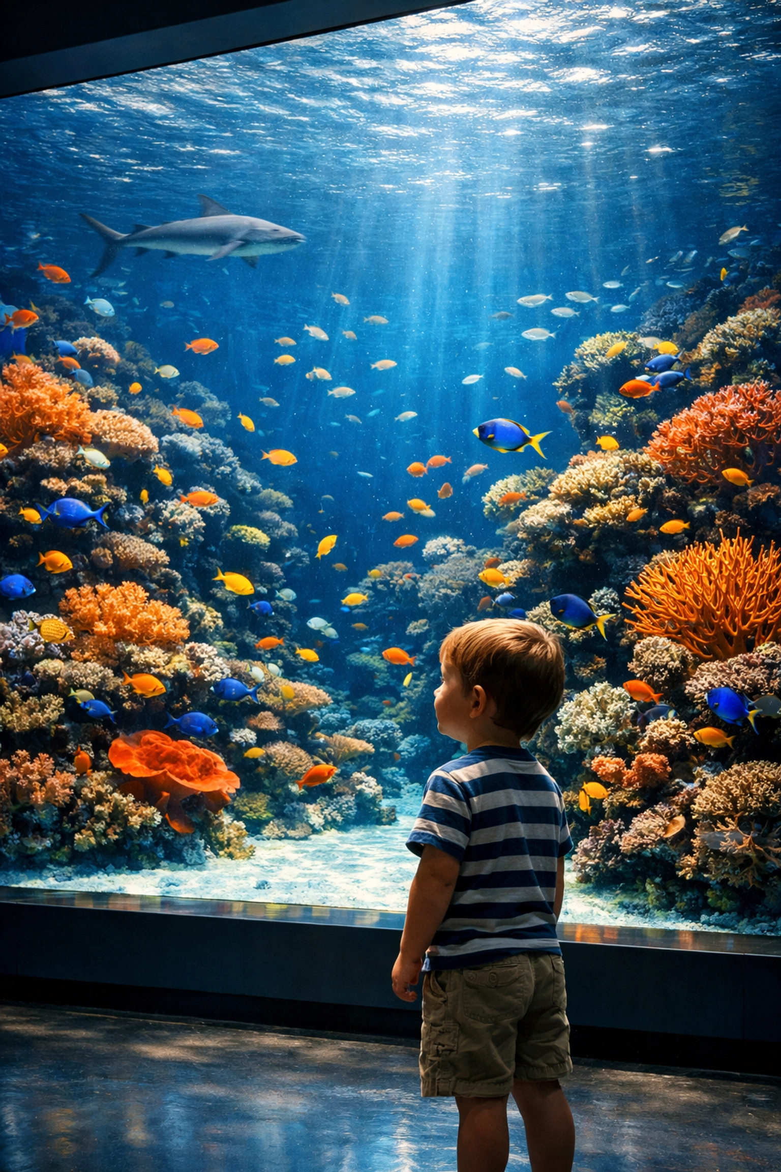 Child observing a vibrant coral reef in a large aquarium tank for marine conservation storytelling.