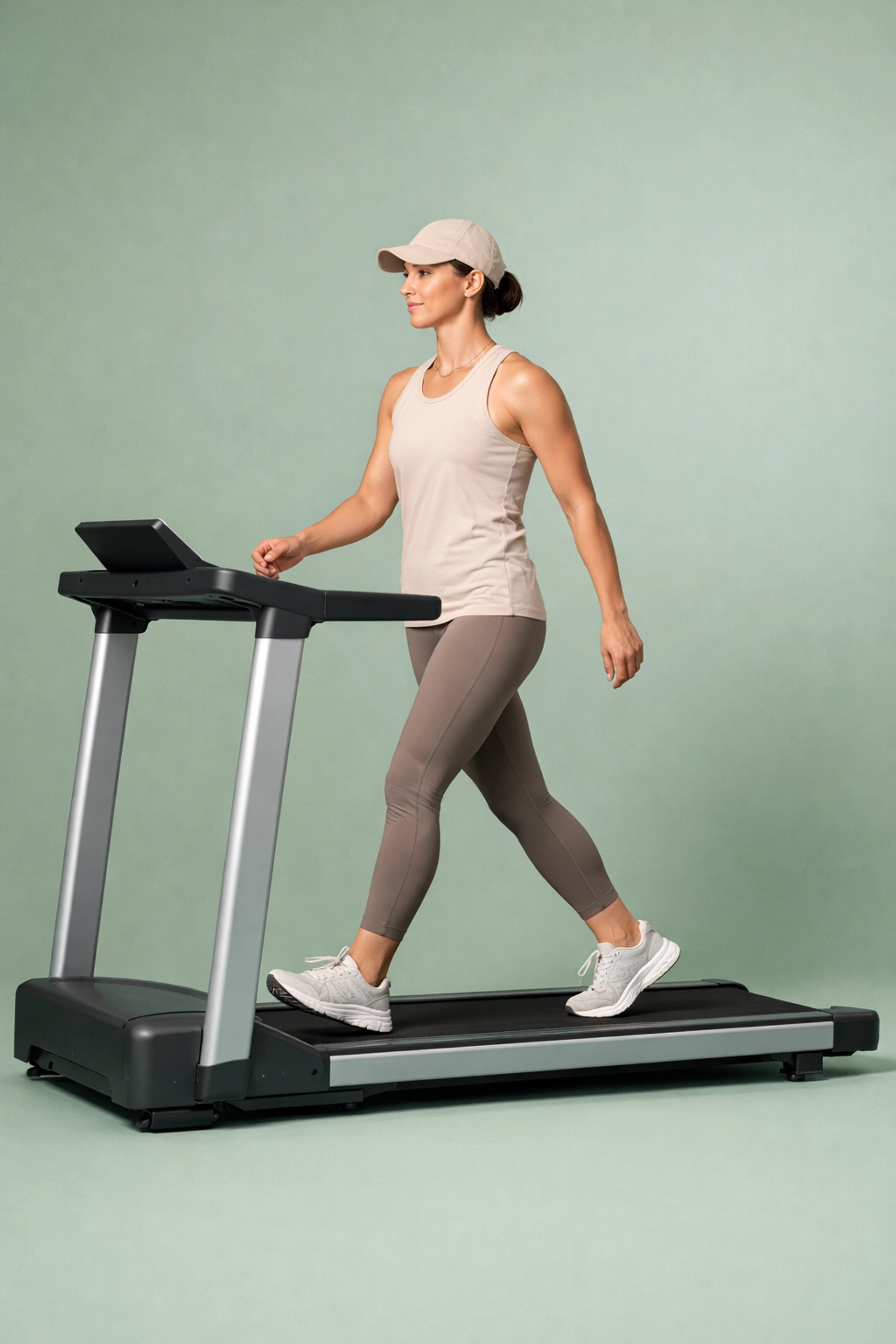 A person doing steady-state Zone 2 training on a treadmill with a calm, conversational pace for aerobic fitness.