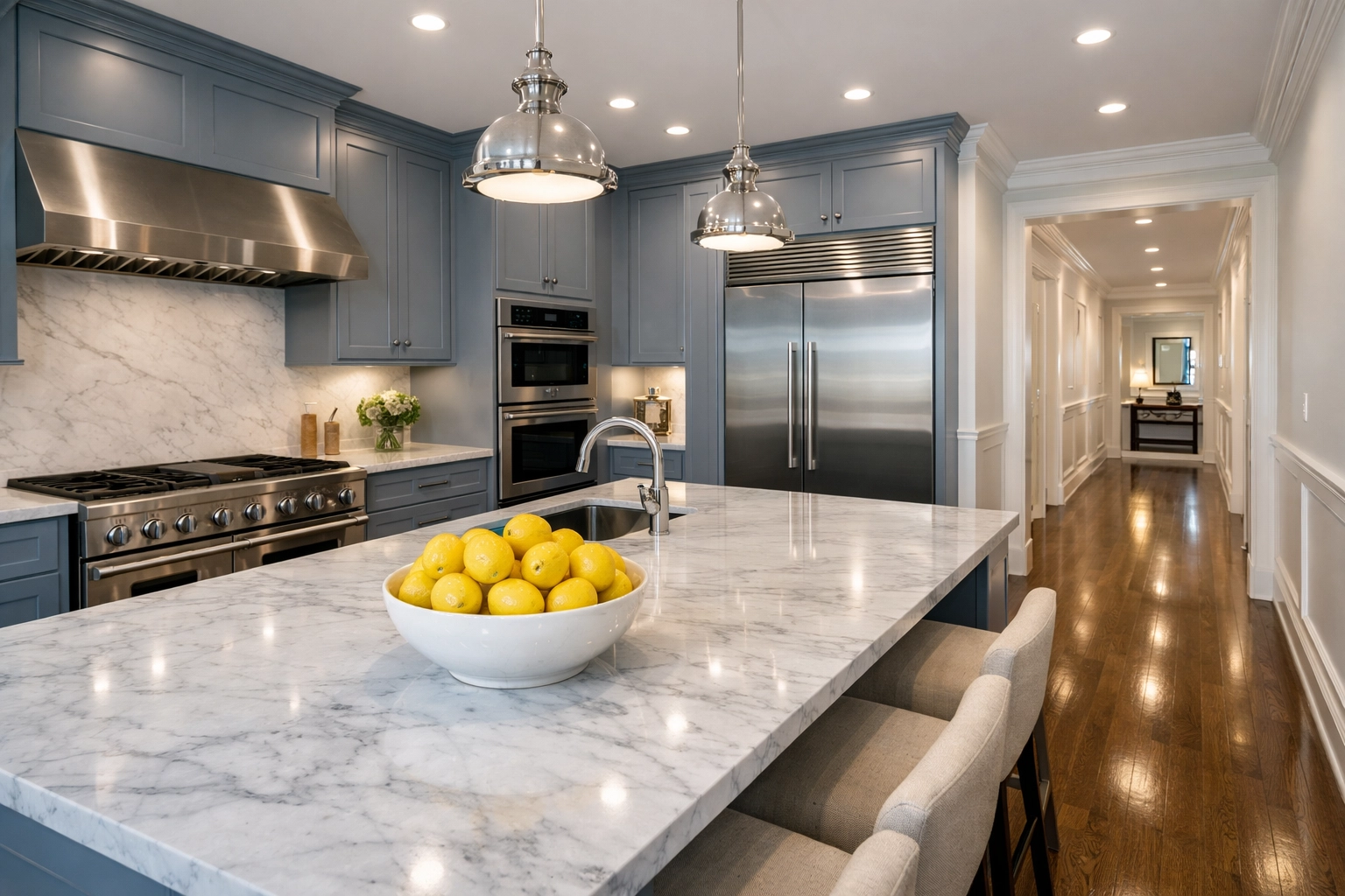 Luxury modern kitchen with marble surfaces after a detailed Tewksbury residential cleaning.