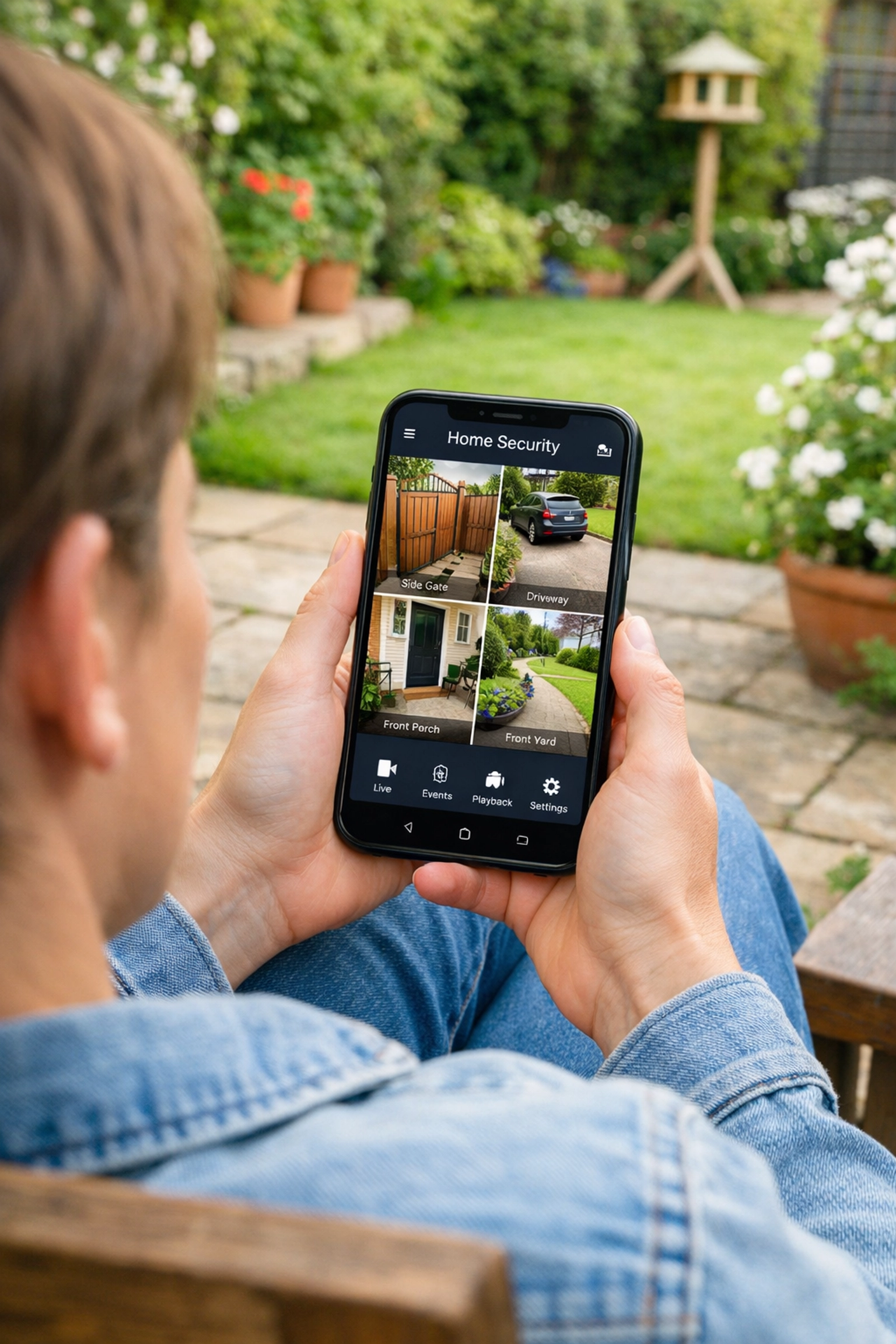 Homeowner using a smartphone security app to remotely monitor four CCTV camera feeds from their garden.