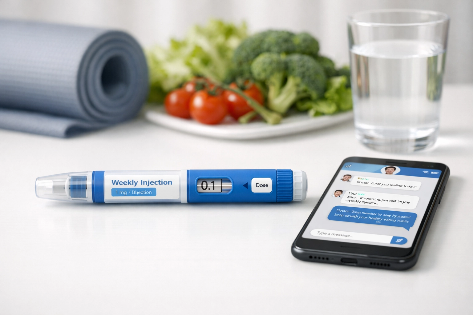 GLP-1 injection pen with smartphone showing text-based doctor consultation for weight loss medication