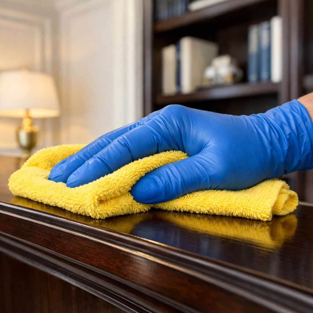 Expert professional cleaners Phillipston MA dusting a high-end home library with ninja-level precision.