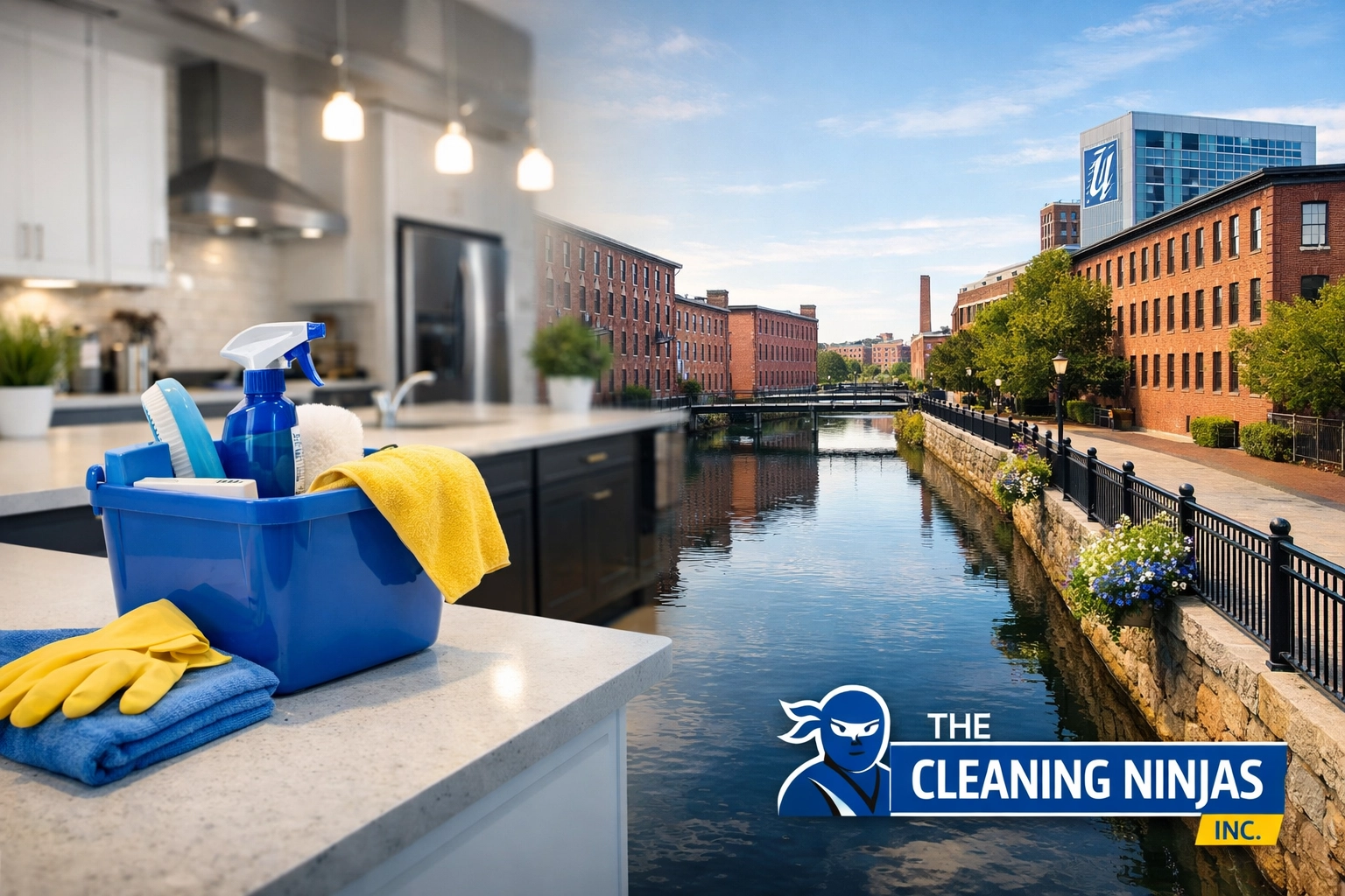 Spotless kitchen in a renovated Lowell loft after a professional move-in/move-out cleaning Lowell service. A professional cleaner deep cleaning a modern Lowell loft with exposed brick walls, showcasing move-in/move-out cleaning Lowell.