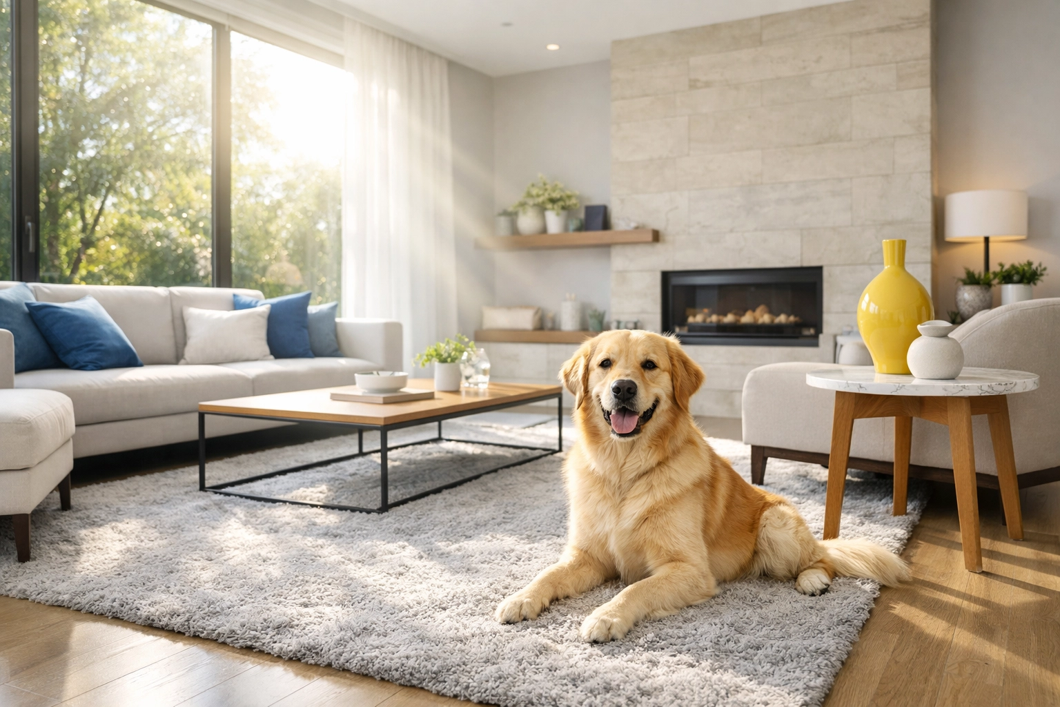 Sunlit living room with a dog on a clean rug showing the benefits of non-toxic, pet-friendly house cleaning.