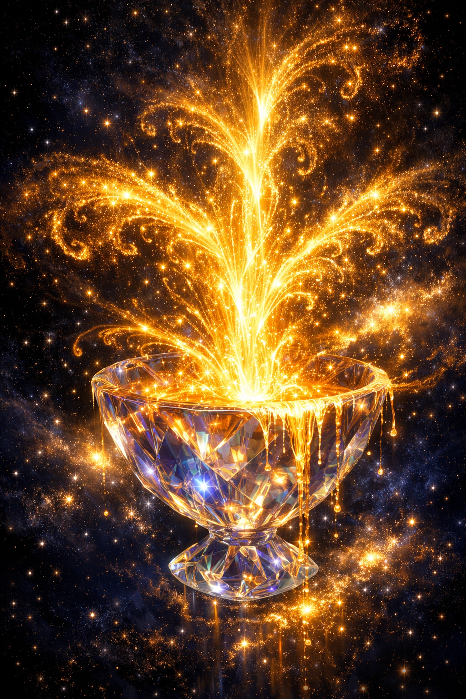 An overflowing crystalline container representing an expanded nervous system capacity for wealth and abundance.