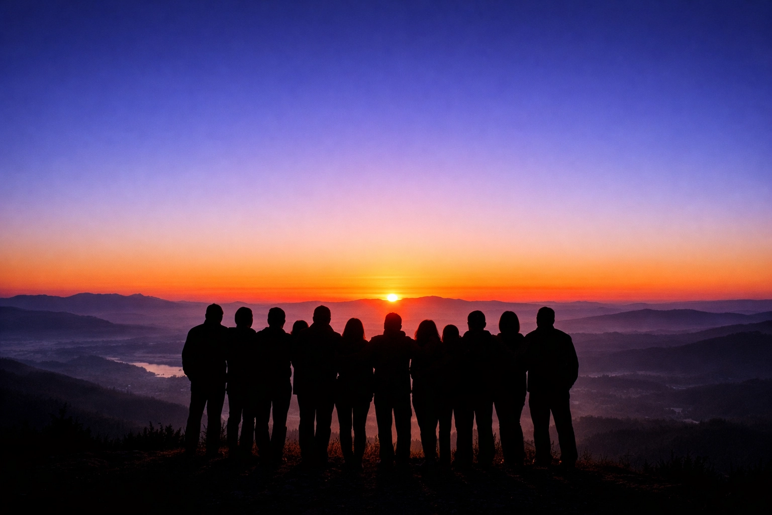 People silhouetted at sunrise on a hilltop symbolizing communal hope and spiritual recovery.