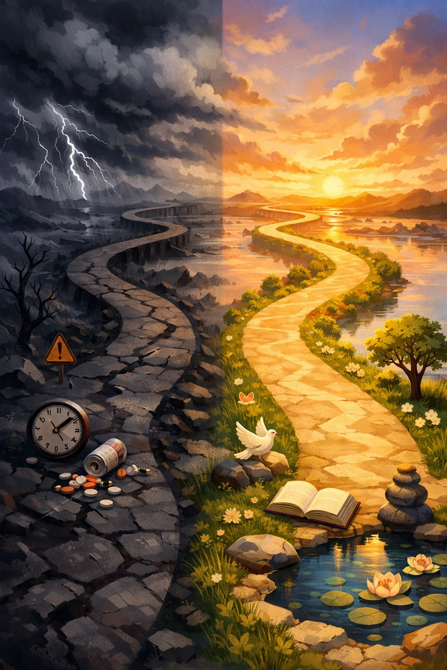 Two paths diverging: one chaotic with storm clouds, one peaceful with sunrise and symbols of growth