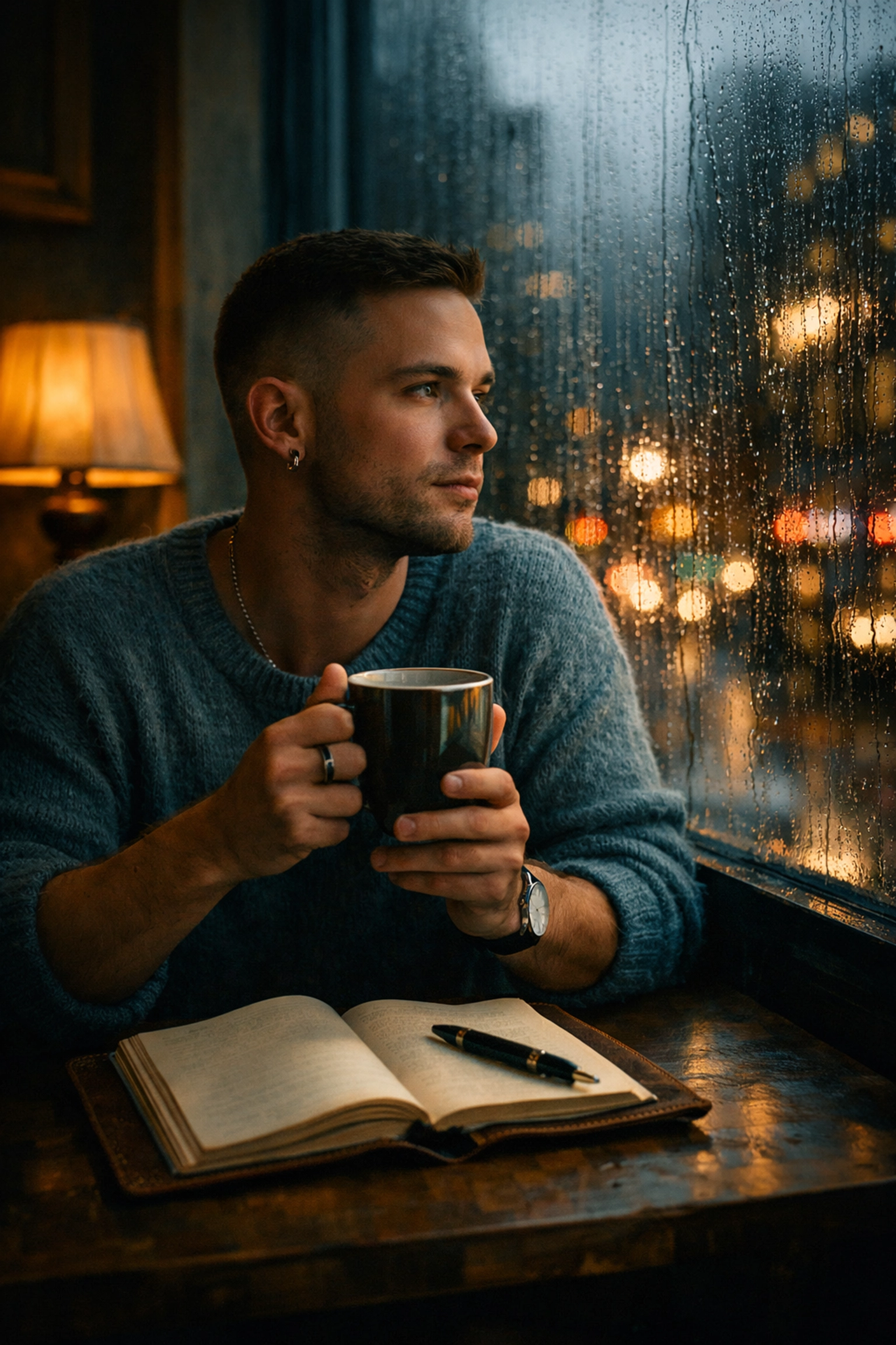 A thoughtful gay author at a cafe, representing the creative voice behind new MM romance books.