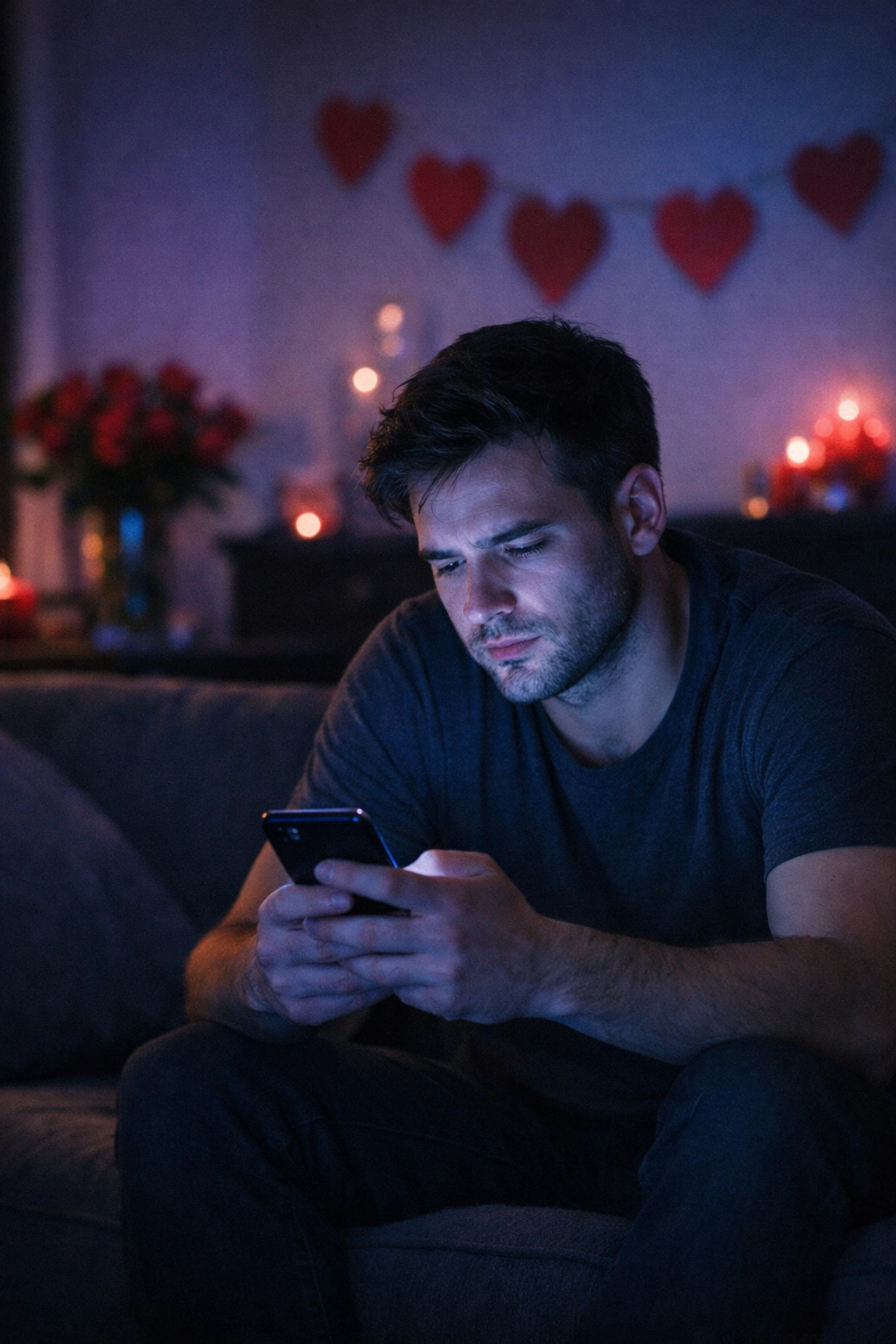 Single gay man scrolling social media on Valentine's Day experiencing loneliness and mental health struggles
