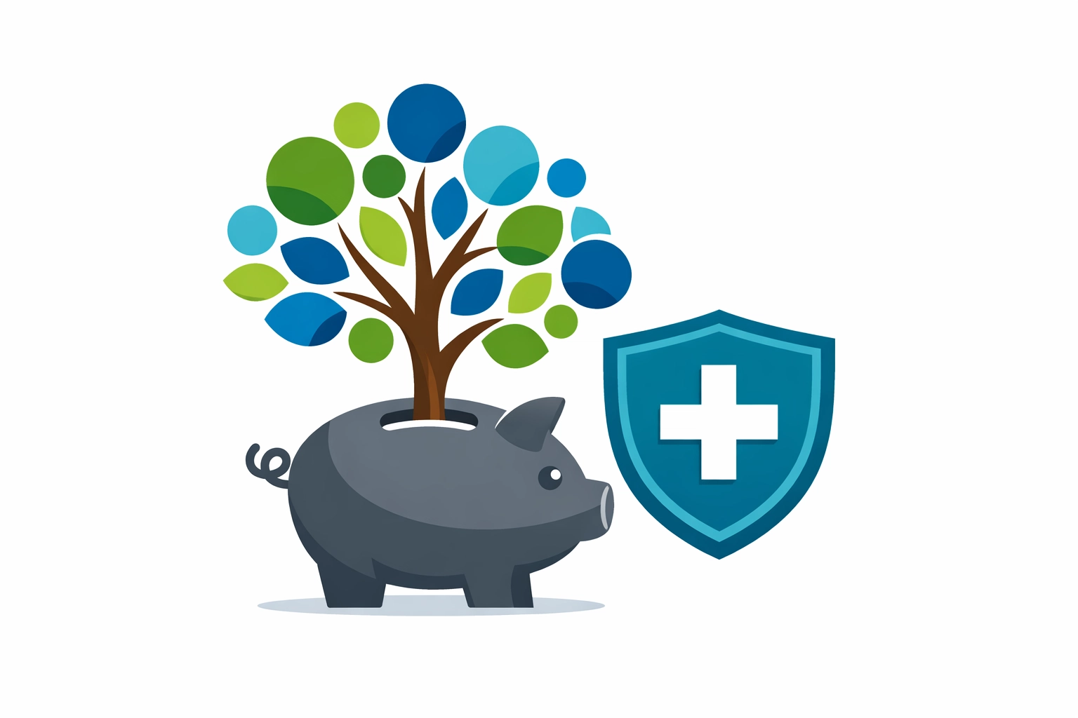 Savings tree growing from a piggy bank with a shield icon representing an HSA tax strategy.