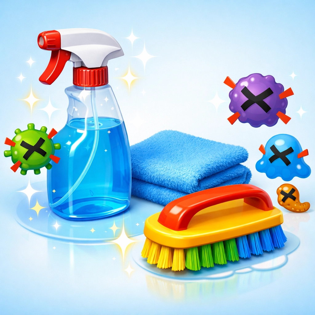 Hospital-grade cleaning supplies and disinfectant used to sanitize bounce house rentals