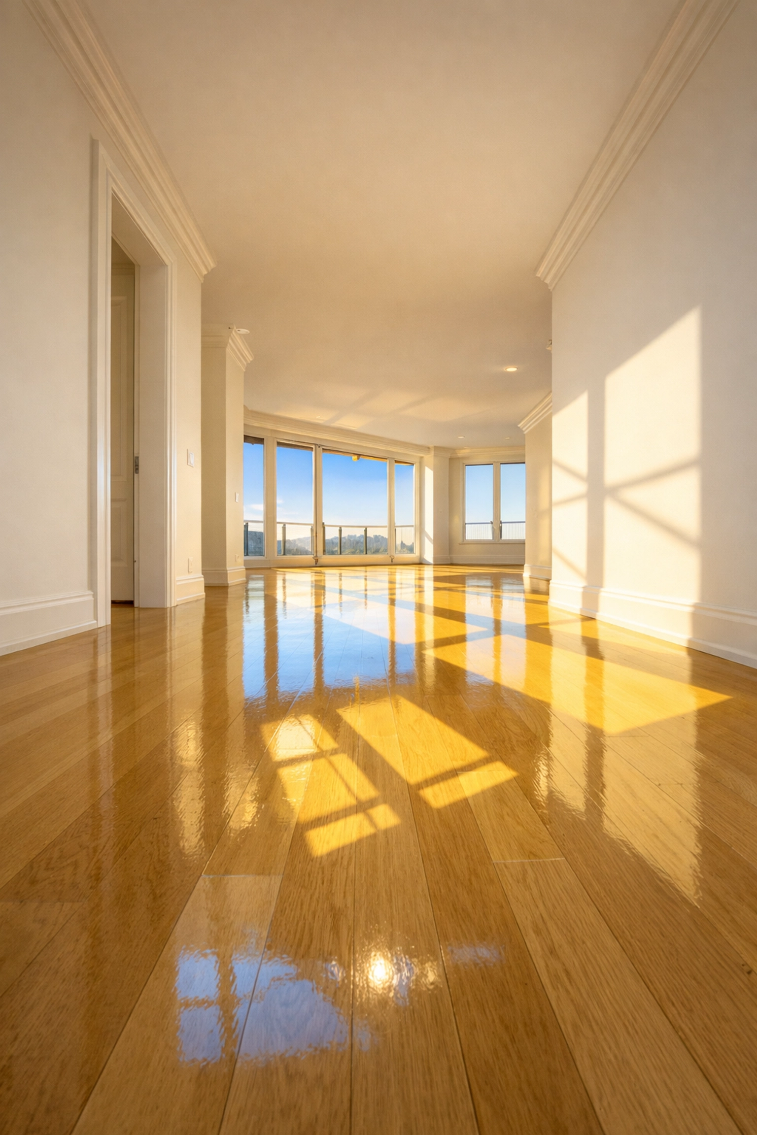 Empty luxury apartment with gleaming hardwood floors prepared for a final move-out walkthrough and inspection.